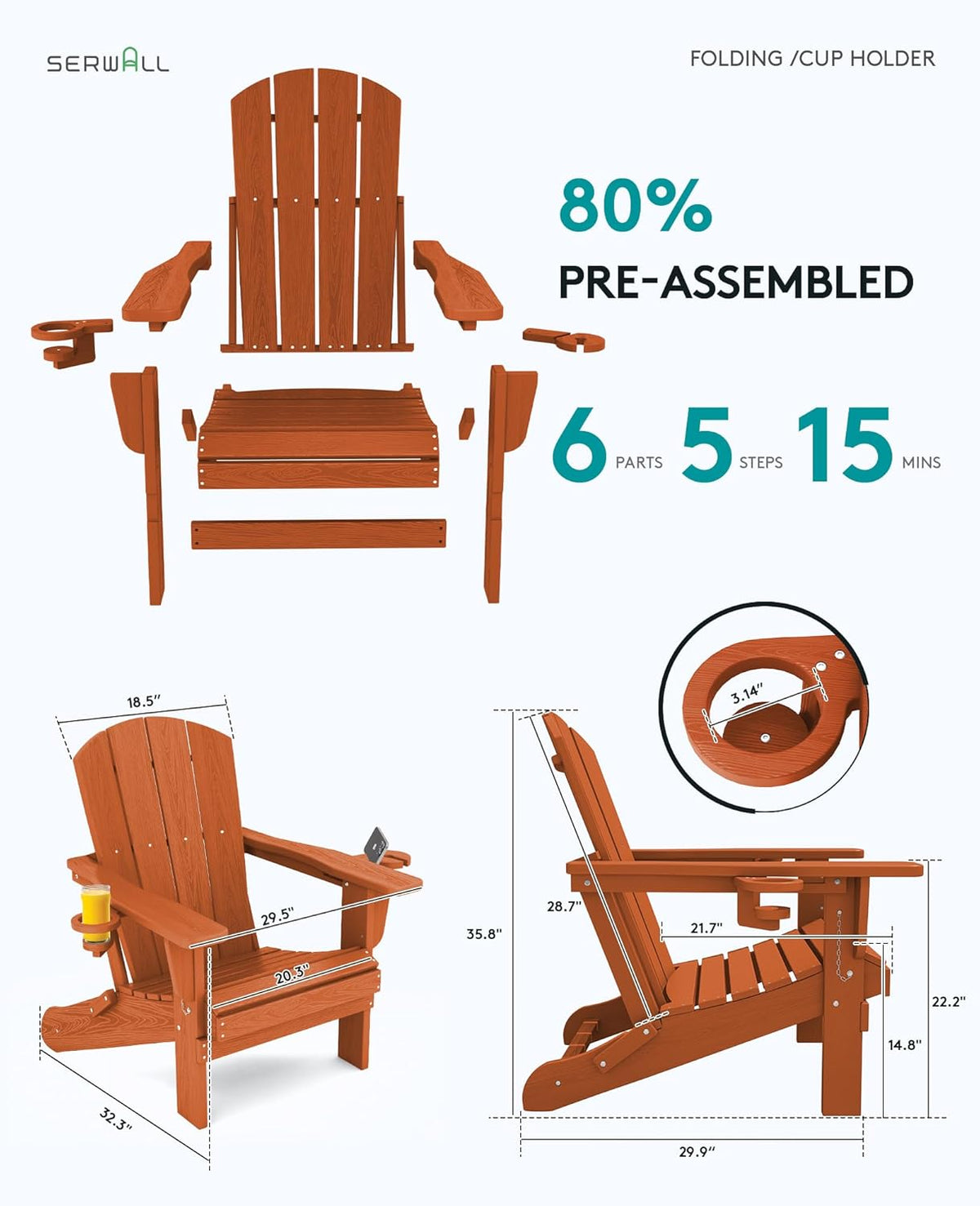 SERWALL Adirondack Chair with Cup Holders - Composite Adirondack Chairs Set of 4 HDPE Outdoor Chairs All Weather Use- Orange