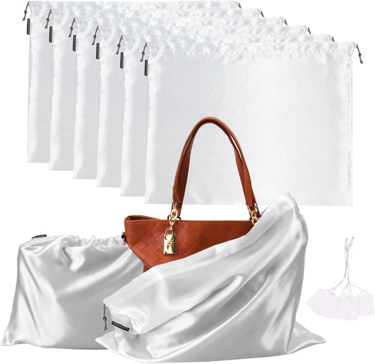 6 Pack Dust Bags for Handbags Silk Dust Cover Bag for Handbags Purses Shoes Boots, Silk Dustproof Drawstring Bag Travel Storage Pouch (White, 19.6 × 15.7 in)