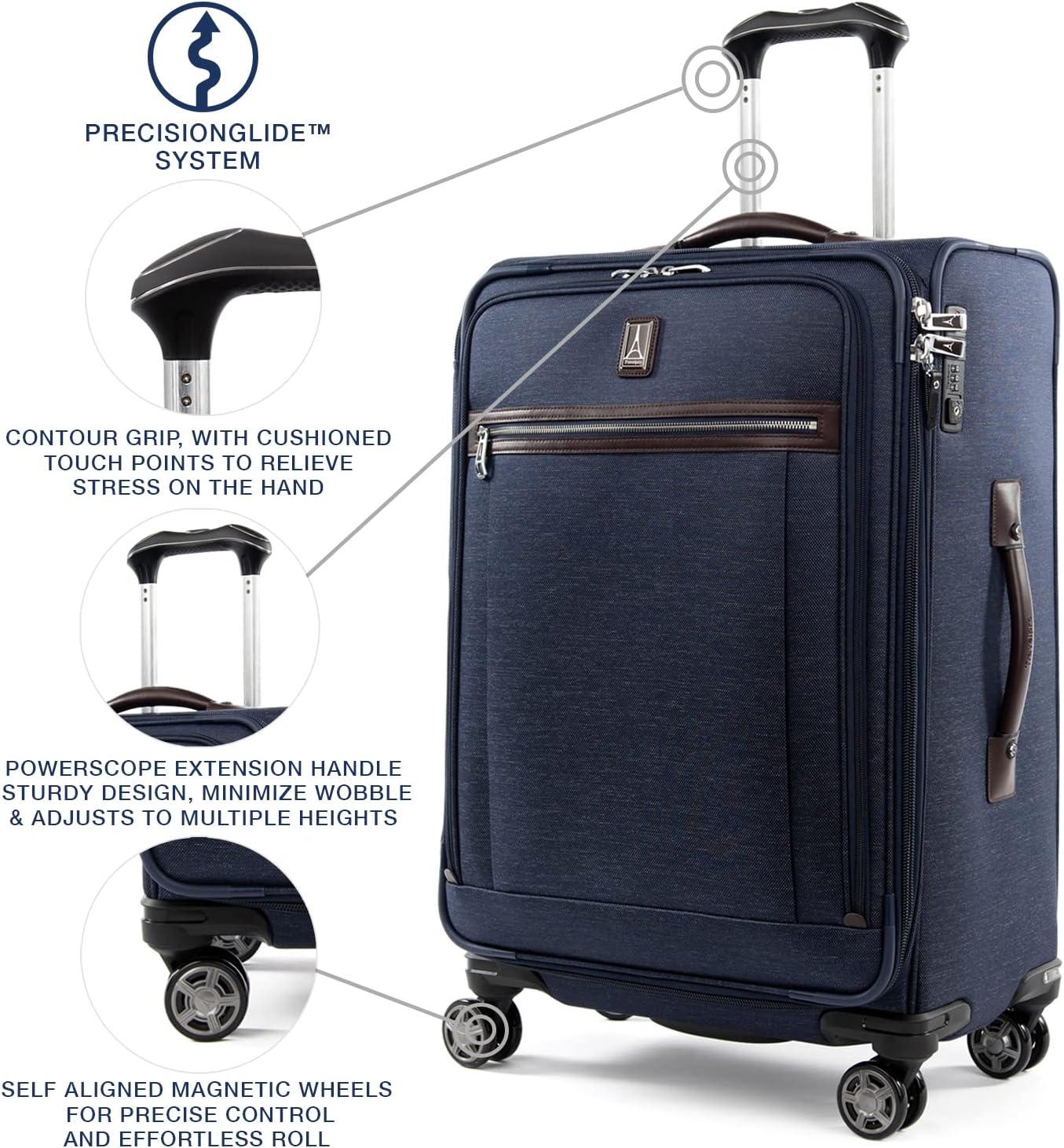 Travelpro Platinum Elite Softside Expandable Checked Luggage, 8 Wheel Spinner Suitcase, TSA Lock, Men and Women, True Navy Blue, Checked Medium 25-Inch