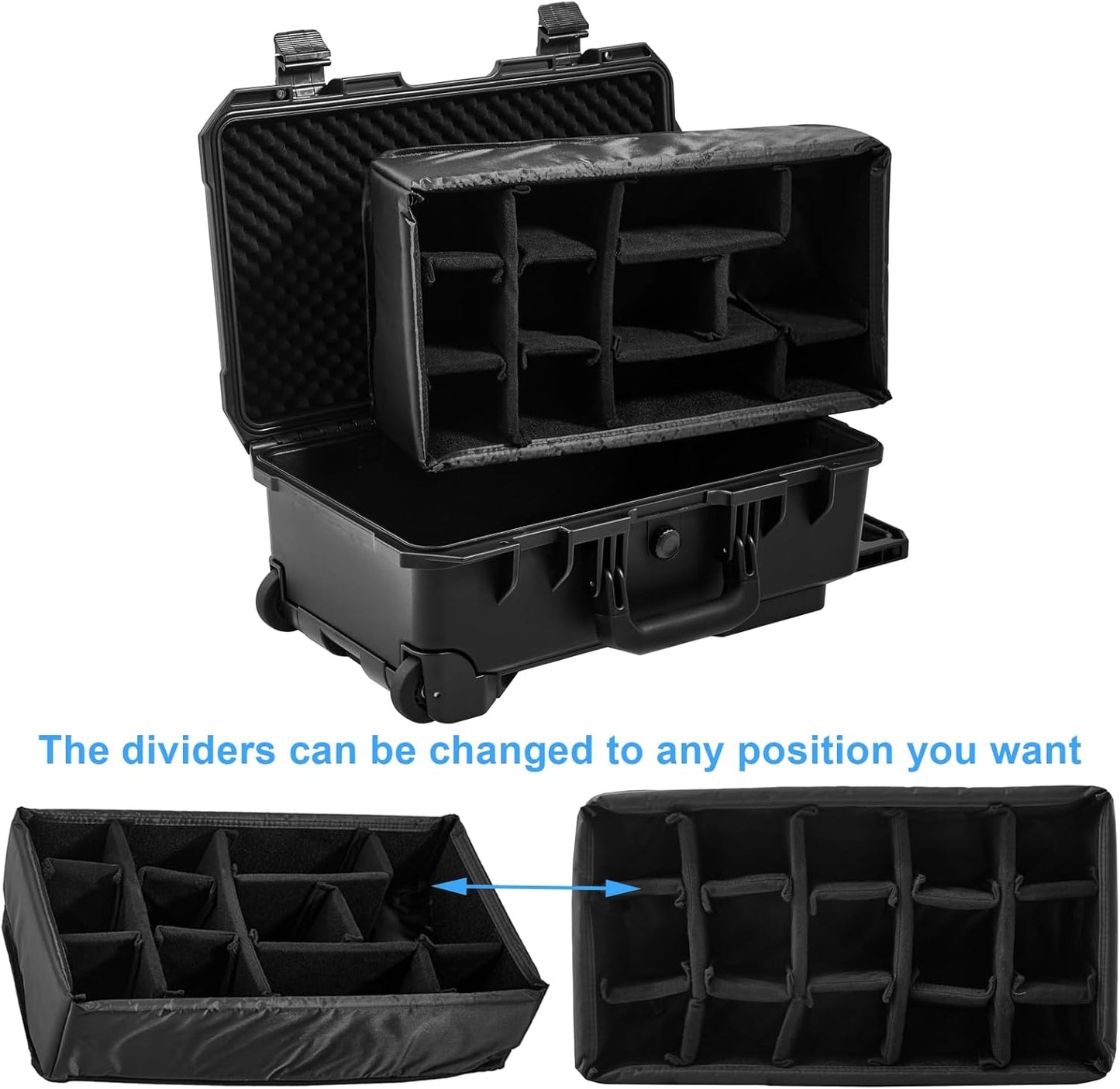 Waterproof Travel Camera Hard Case with Padded Divider, 22 x 14 x 10 Inch, Rolling Case for Camera, Gear, Equipment, Dustproof, Shockproof,Airline Carry-On Approved, Inner 19.8"x 10.9" x 6.8"