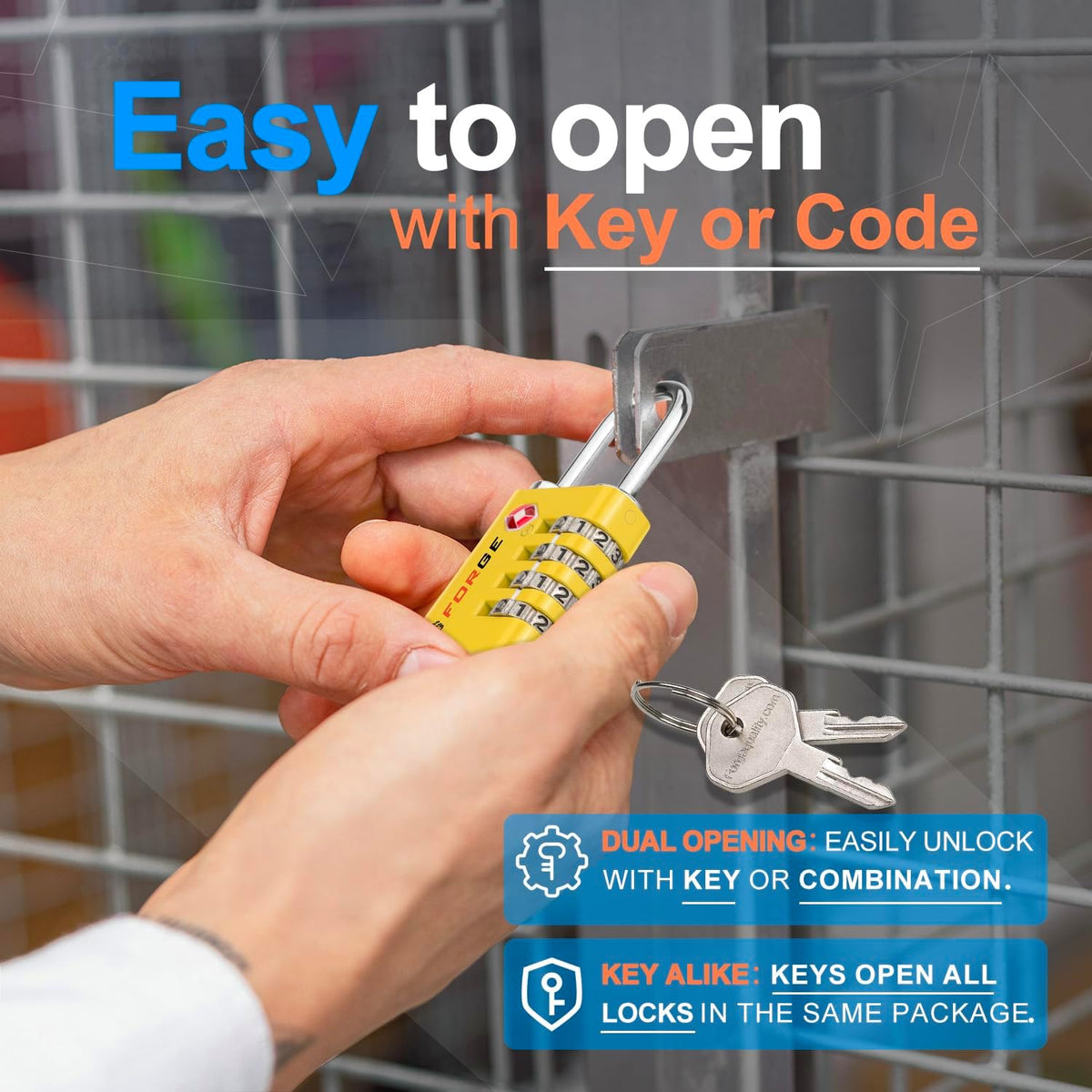 Forge Dual-Opening: Key or Combination Access Lock, TSA Approved Locks for Luggage, Pelican case, Travel, Gym, School, Stainless Steel Shackle.(Yellow 2 Locks)