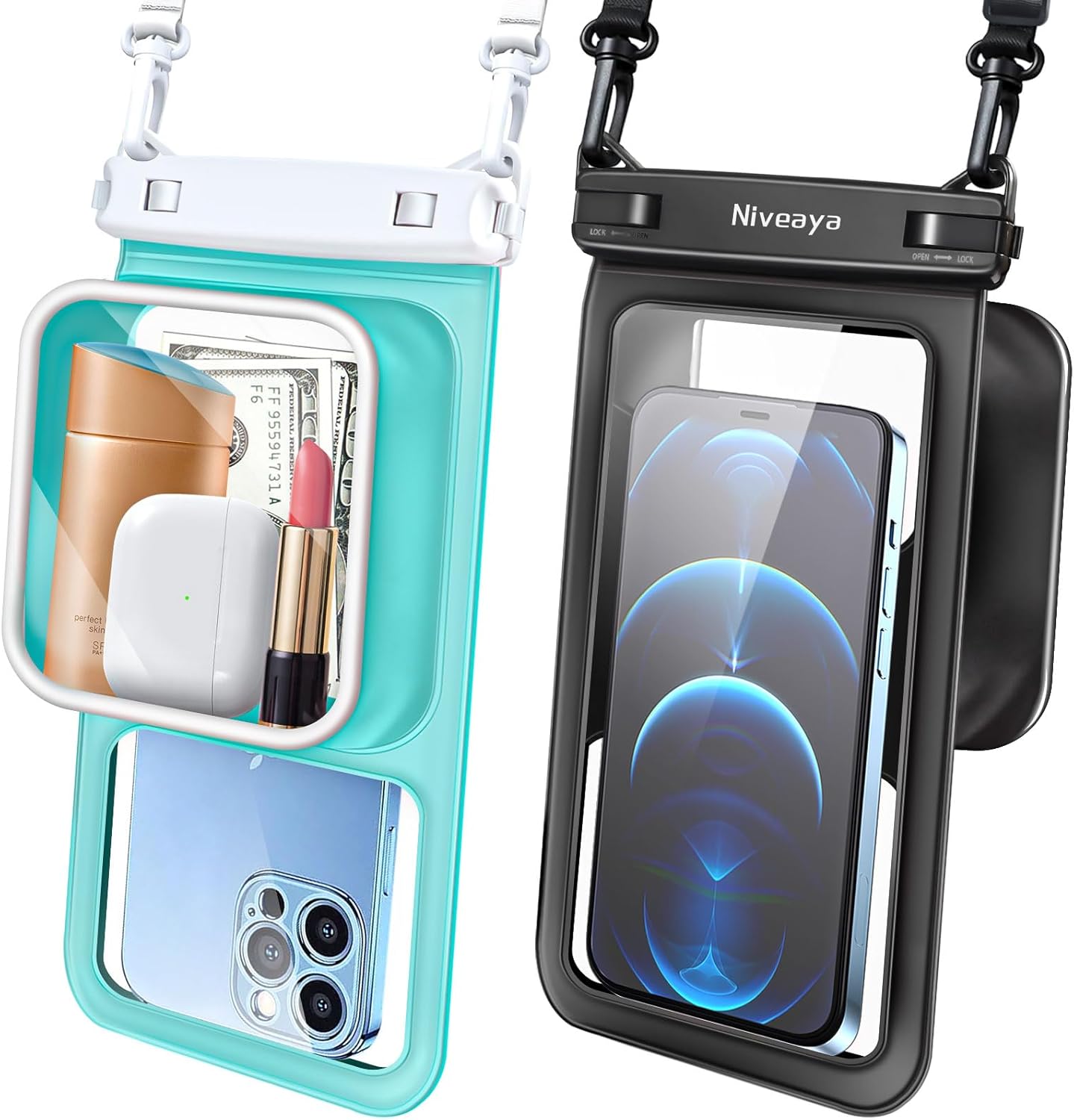 Niveaya 2 Pack IPX8 Waterproof Phone Pouch, Large Space Cell Phone Pouch Floating, Water Proof Phone Case with Lanyard, Phone Dry Bag Beach Cruise Ship Essentials(Up to 8.5")
