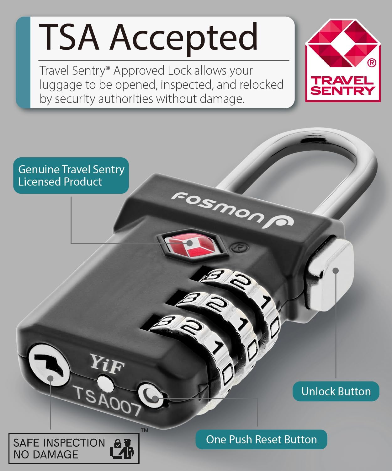 Fosmon TSA Approved Luggage Locks, Suitcase Travel Lock with Push Release Button for Extra Security, 3 Digit Combination Padlock for Gym Locker, Backpack Zipper Anti Theft, Gun Case - Blue, 2 Pack