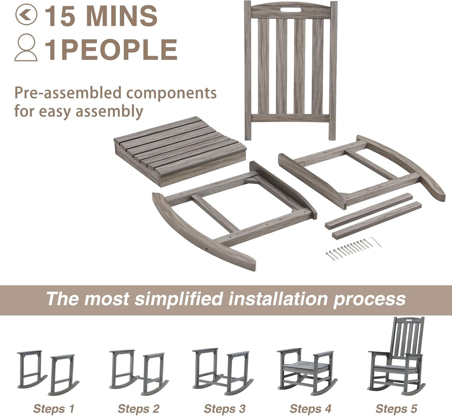Psilvam Outdoor Rocking Chair Set of 2, Poly Lumber Oversized Rocking Chair with 21" Wide Seat and 32" Tall Backrest, Pre-Assembled with Most Components for Effortless Installation(Light Gray)