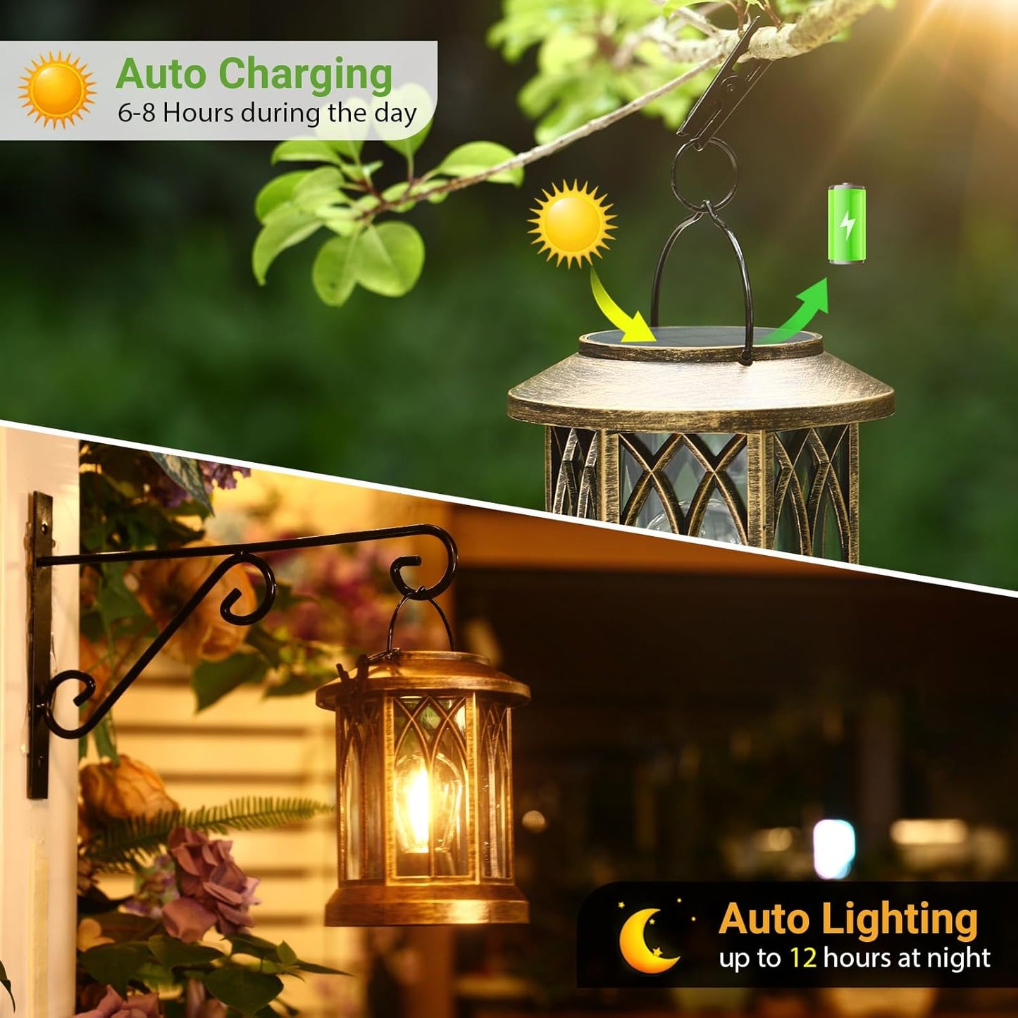 WdtPro Solar Lanterns Outdoor Lights, 2 Pack Bright Lanterns Outdoor Waterproof with Clip Patio Decor, Hanging Solar Lights for Outside Garden Yard Front Porch Table Decoration (Antique Copper)
