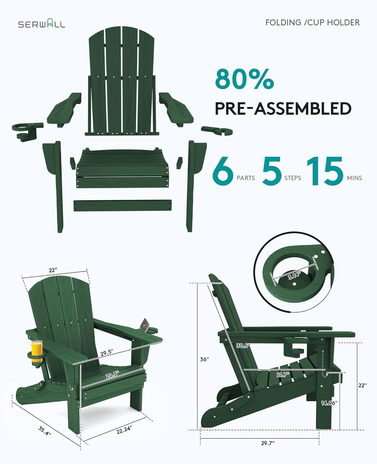 SERWALL Adirondack Chair with Cup Holders - Composite Adirondack Chairs HDPE Outdoor Chairs All Weather Use- Green