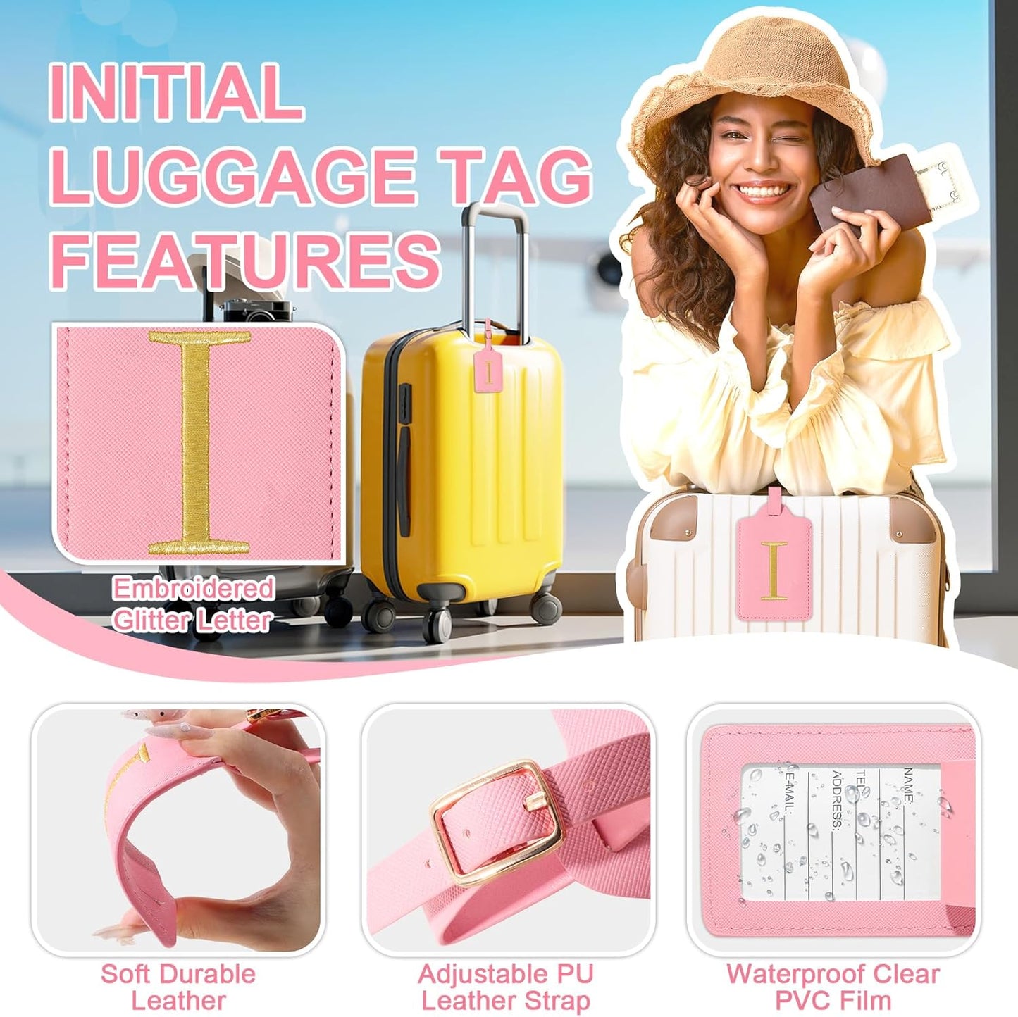 Personalized Initial Luggage Tags for Suitcase, Pink Leather Cute Luggage Tags with Privacy Cover Name Card, Embroidered Custom Monogrammed Luggage Tag Travel Bag Baggage Tags Gifts for Women Kids(I)