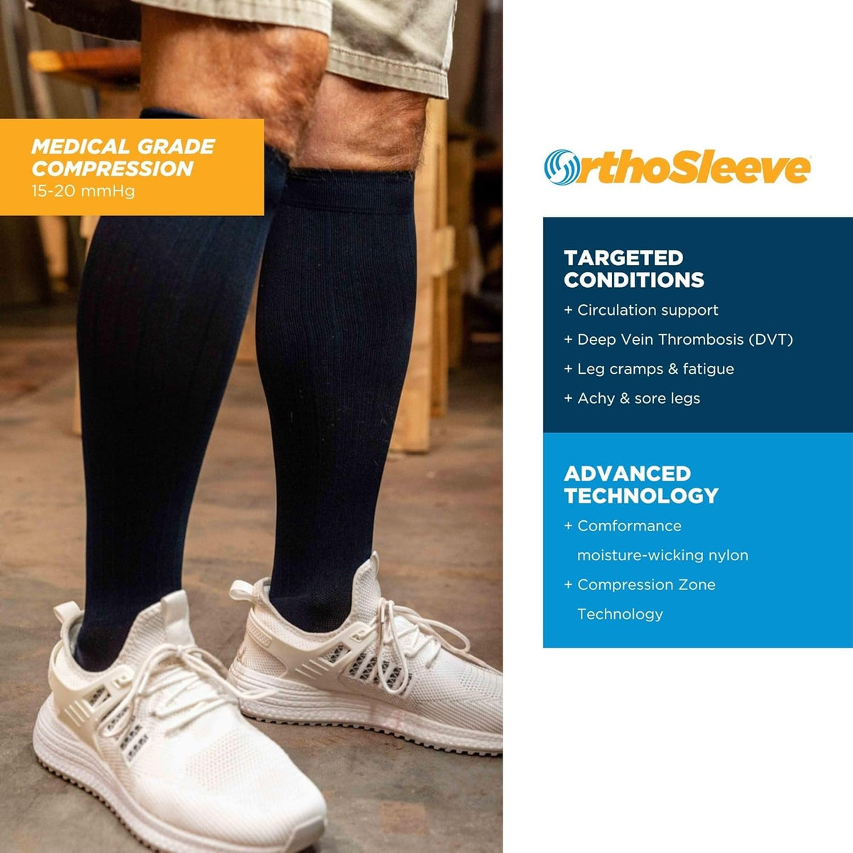 Medical Grade Compression Socks for Men & Women 15-20 mmHg by OrthoSleeve (Blue w/Stripes, Large)