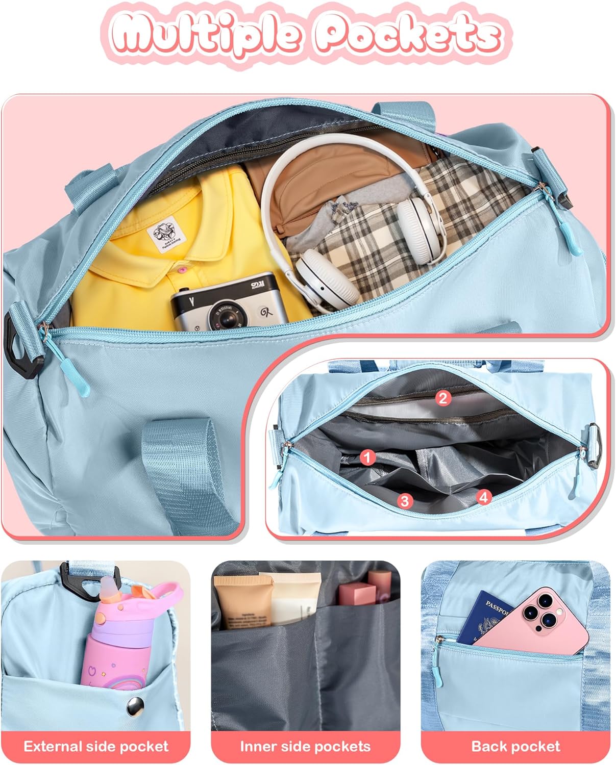 Gifts for 4 5 6 7 8 9 10 Year Old Girls-Girl Gym Bag with Shoe Compartment, Kid Personalized Weekender Overnight Bags, Initial Travel Tote with Makeup Pouch, Gift for Daughter (Letter G)