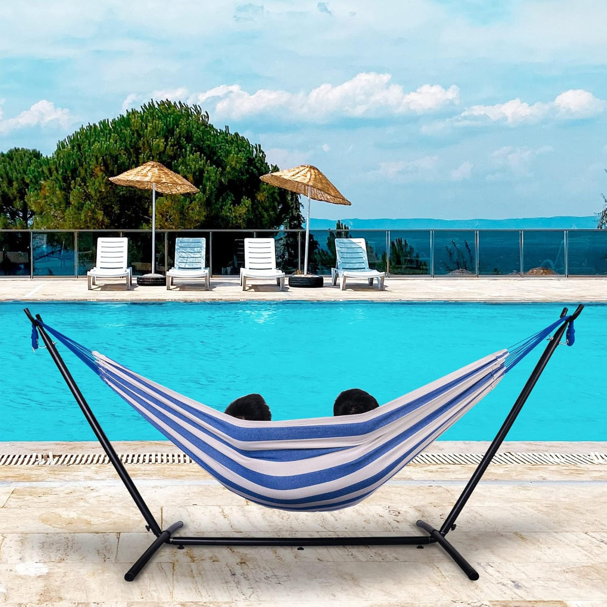 Lazy Daze Hammocks Double Hammock with 9 ft Space-Saving Steel Stand Includes Portable Carrying Case, 450 Pounds Capacity (Blue White)