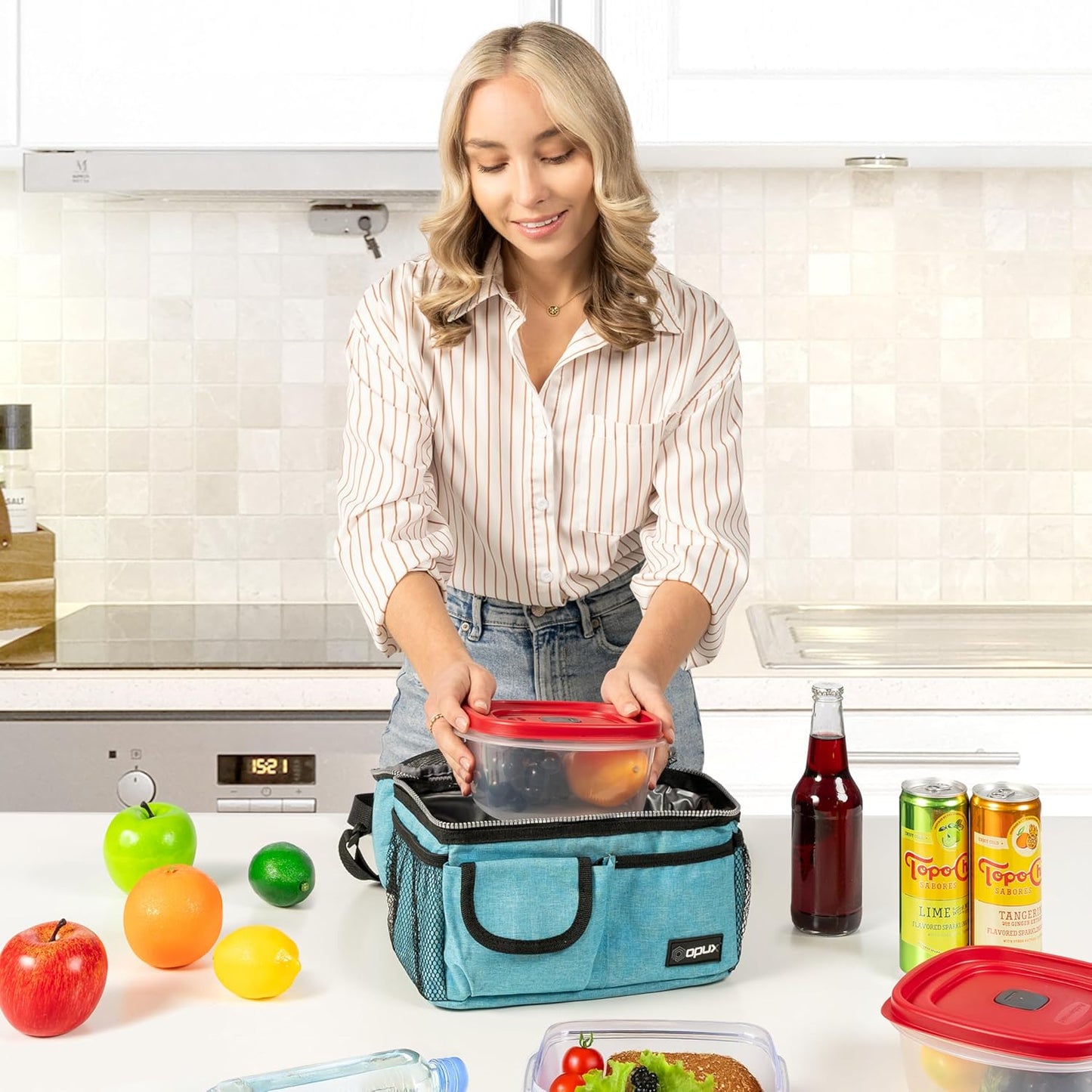 OPUX Lunch Box for Men, Adult Lunch Box Cooler, Insulated Lunch Bag Women, Dual Compartment Lunchbox for Work, Leakproof Double Decker Lunch Bag, Soft Lunch Pail Tote Boys Girls Kids School, Teal Blue