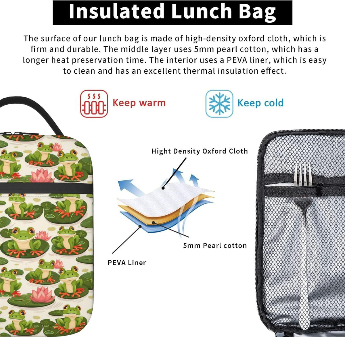 Frog Insulated Lunch Box for Women Men Frog Lunch Bag for Travel,or Fishing Polyester