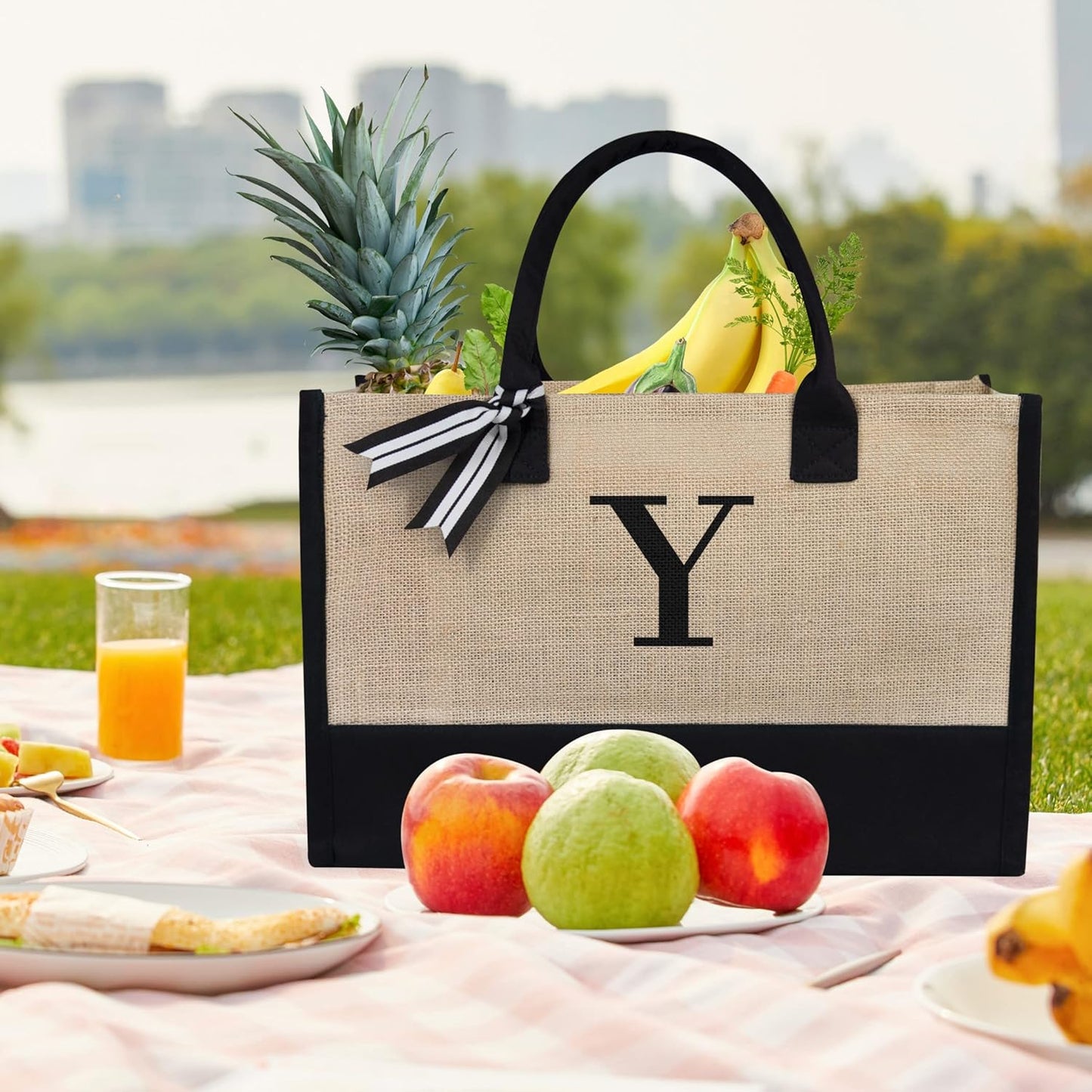 TOPDesign Initial Jute/Canvas Tote Bag, Personalized Present Bag, Suitable for Wedding, Birthday, Beach, Holiday, is a Great Gift for Women, Mom, Teachers, Friends, Bridesmaids (Letter Y)