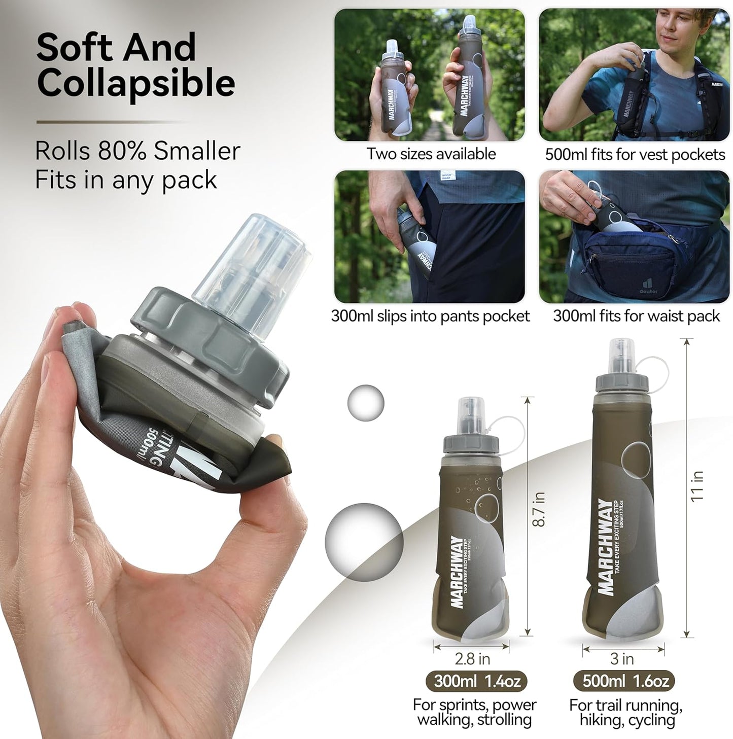 MARCHWAY Soft Hydration Flask with Wide Mouth, 300ml/500ml Collapsible TPU Water Bottle, Leakproof Portable Flexible for Running, Hiking, Cycling, Climbing, Gym, Travel (2pcs Grey 500ml)