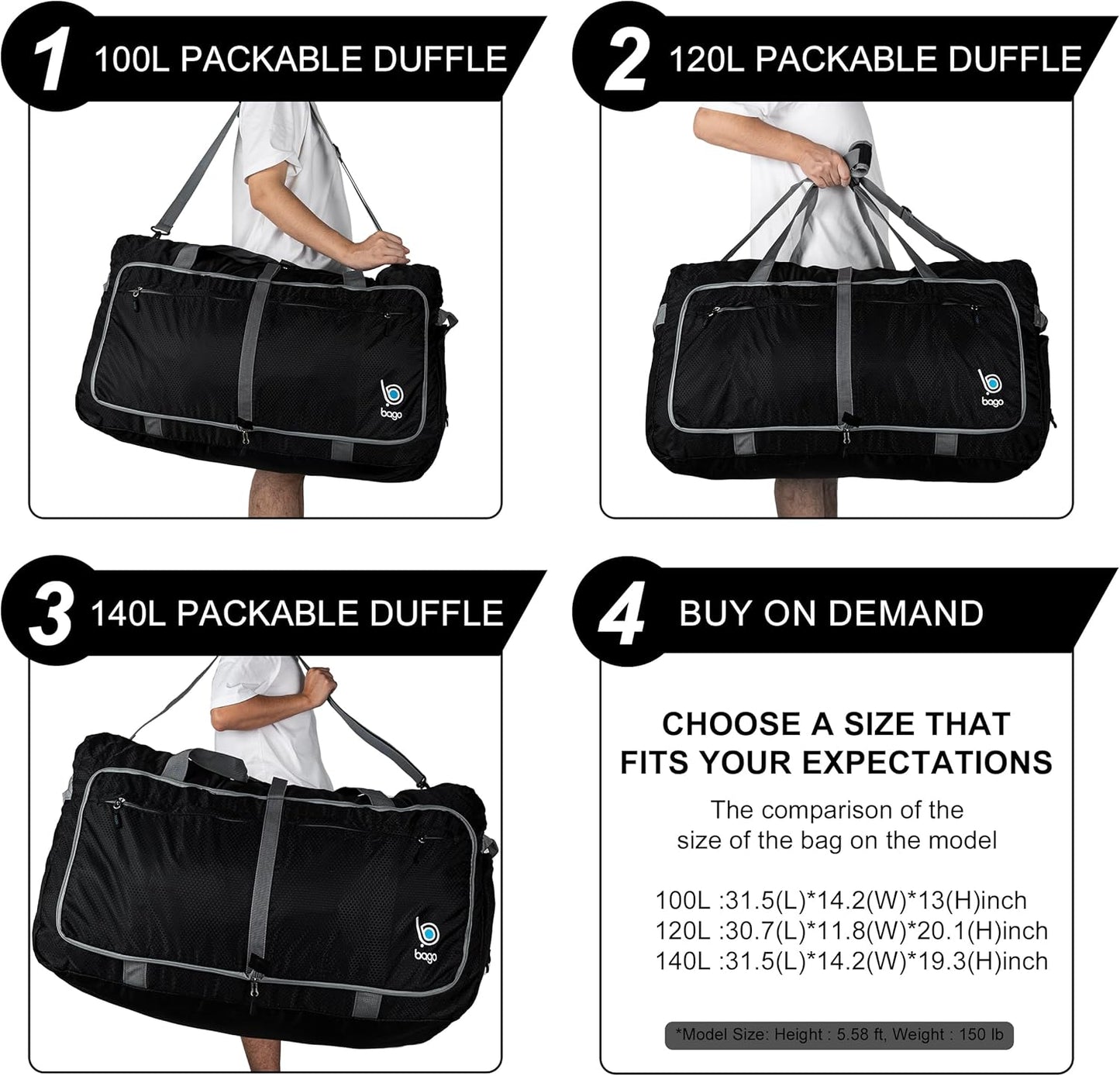 Bago Large Foldable Duffel Bags for Traveling Women & Men - 120L Packable Duffle Bag for Travel with Shoe Compartment - Water Repellant, Heavy Duty, Lightweight Folding & Collapsible (Blue)