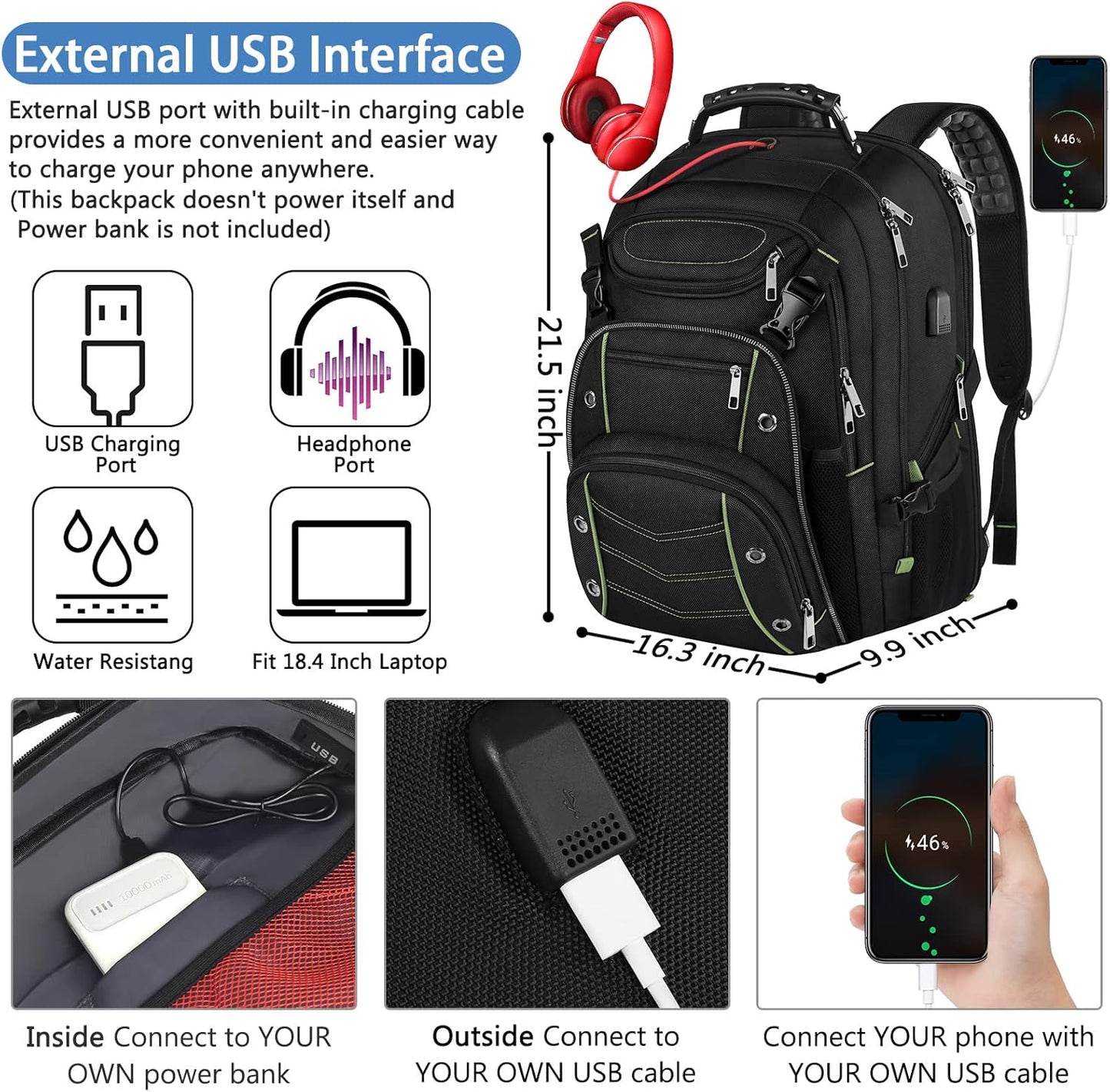 VECKUSON 18.4 Inch Laptop Backpack for Men and Women, 55L Extra Large Gaming Laptops Backpack with USB Charger Port, TSA Friendly Flight Approved and RFID Anti-Theft Pocket