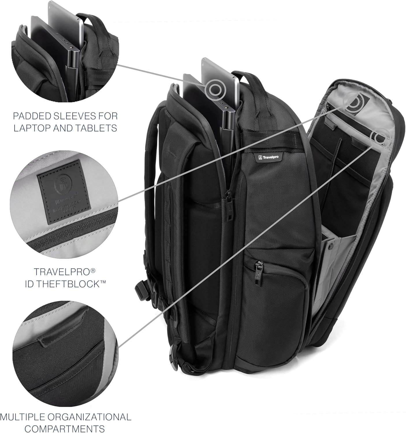 Travelpro Altitude Large Expandable Travel Laptop Backpack 30-36L, 16 Inch Laptop, Water Resistant, Work, Business, Men and Women, Jet Black