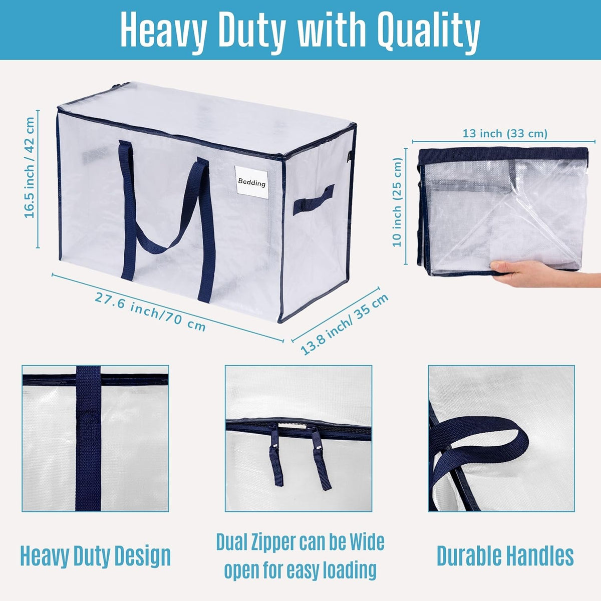 VENO 2 Pack Moving Bags, Heavy Duty, Moving Boxes Alternative, Packing Storage Supplies for Dorm Room Essentials with Zipper for Clothes, Extra Large Totes for Packaging (Clear, 2 Pack)