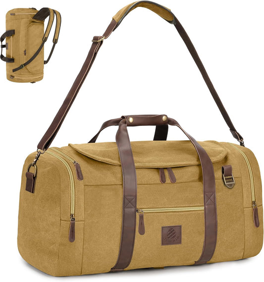 50L Duffle Bag for Men, Nomad Waxed Canvas Travel Duffel Bag Vintage Genuine Leather Travel Handbag Upgraded Weekender Overnight Backpack with Shoes Compartment (Khaki, Large-50L)