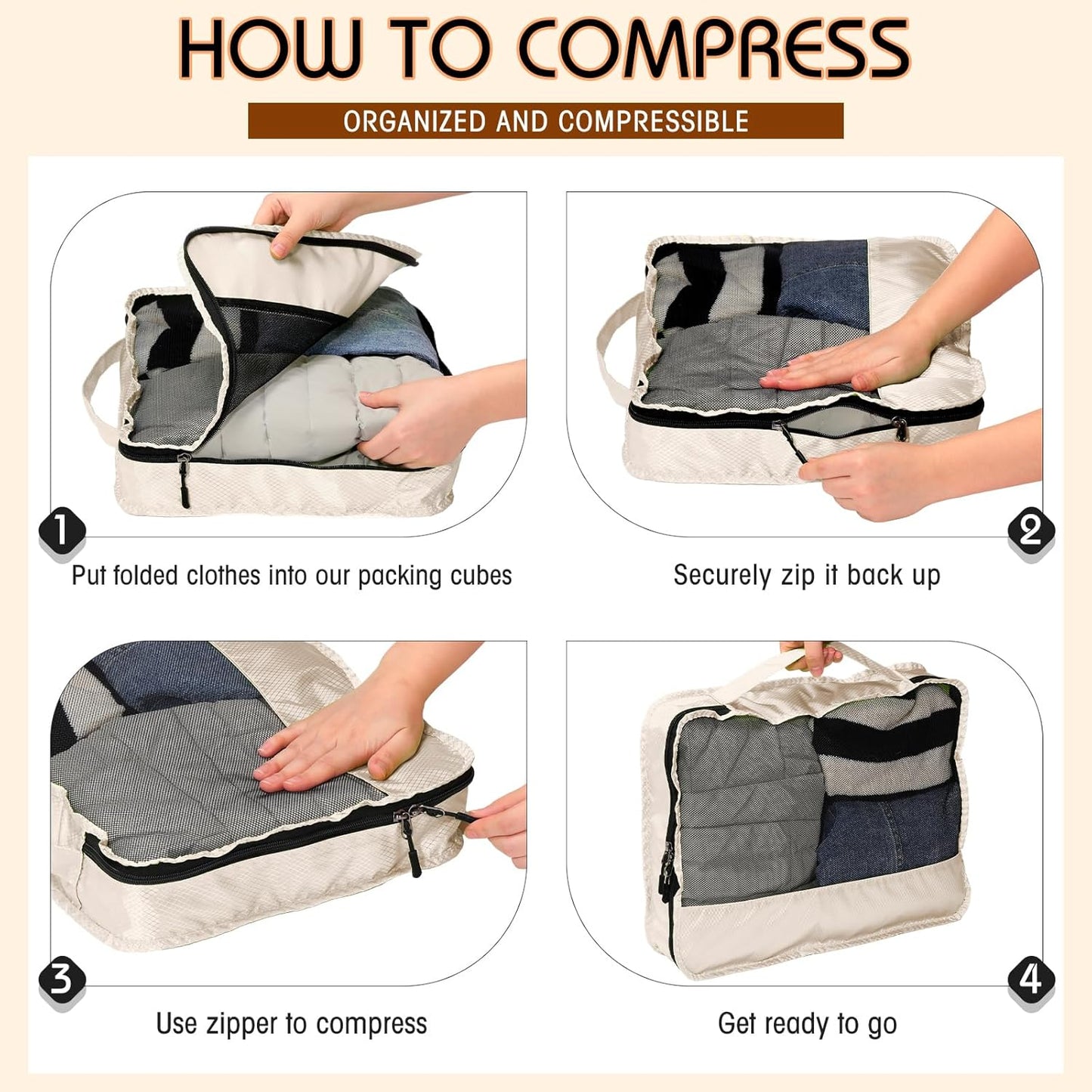5 Pcs Packing Cubes for Suitcase Large Travel Cubes Carry on Luggage Organizer Bags for Clothes Accessories(S,Khaki)