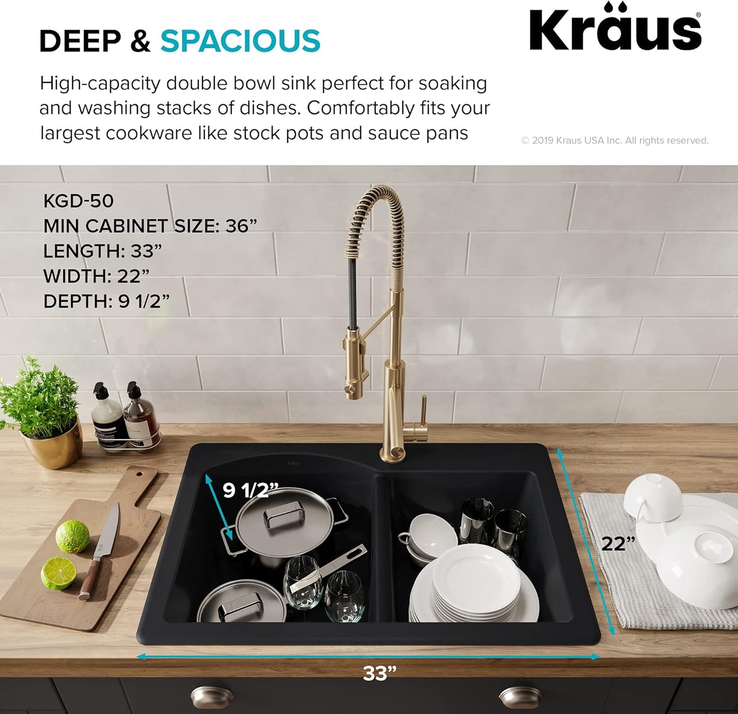 KRAUS Forteza™ 33” Dual Mount 60/40 Double Bowl Granite Kitchen Sink in Black with WasteGuard™ Continuous Feed Garbage Disposal, KGD-50BL-100-75MB