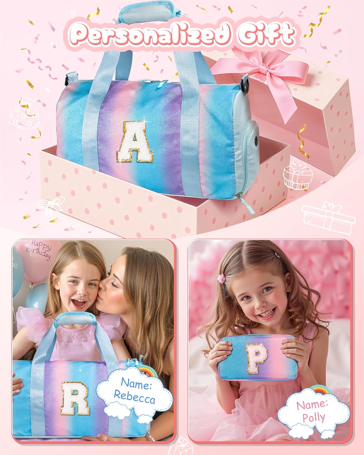 Gifts for 4 5 6 7 8 9 10 Year Old Girls-Girl Gym Bag with Shoe Compartment, Kid Personalized Weekender Overnight Bags, Initial Travel Tote with Makeup Pouch, Gift for Daughter (Letter G)