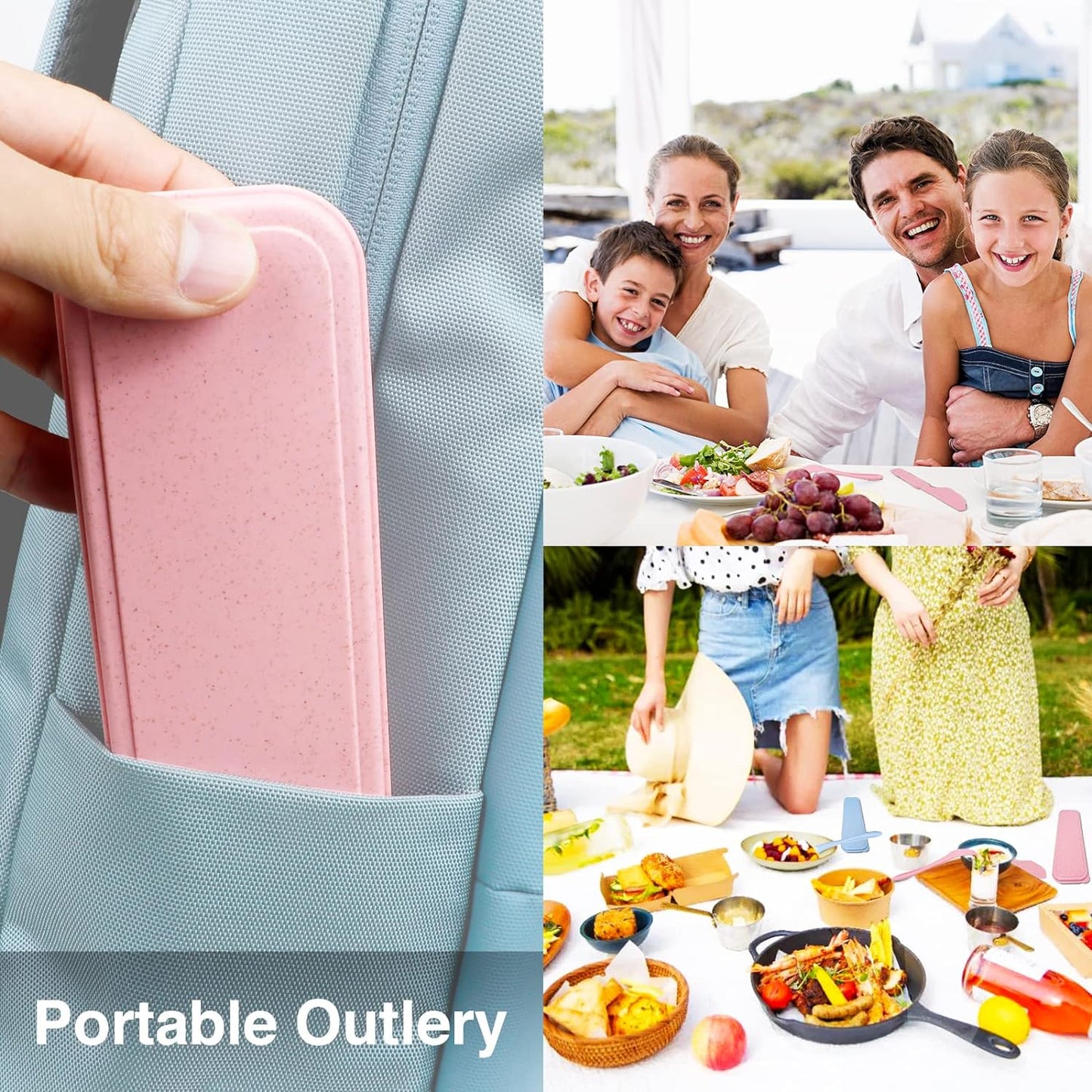 Reusable Travel Utensils Set with Case, Pink Wheat Straw Portable Knife Fork Spoons Tableware, Eco-Friendly BPA Free Cutlery for Kids and Adults as Travel Picnic Camping Utensils