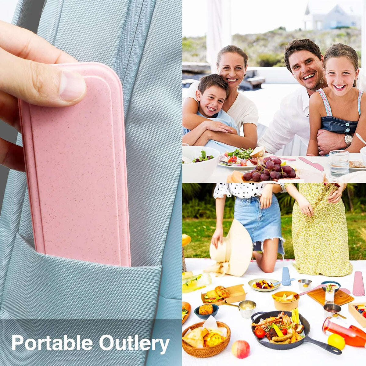 Reusable Travel Utensils Set with Case, Beige Wheat Straw Portable Knife Fork Spoons Tableware, Eco-Friendly BPA Free Cutlery for Kids and Adults as Travel Picnic Camping Utensils