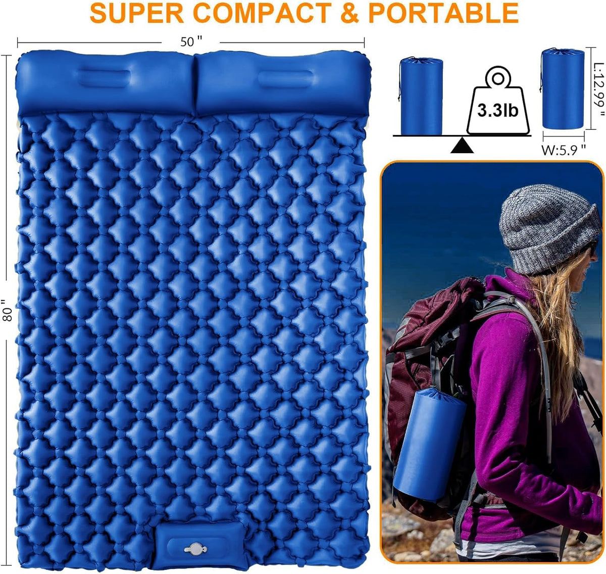 Double Sleeping Pad, Ultralight 4" Extra-Thick Self Inflating Sleeping Mat for 2 Person with Pillow Built-in Foot Pump Portable Camping Mat for Backpacking, Hiking, Traveling, Tent, Camping(Blue)