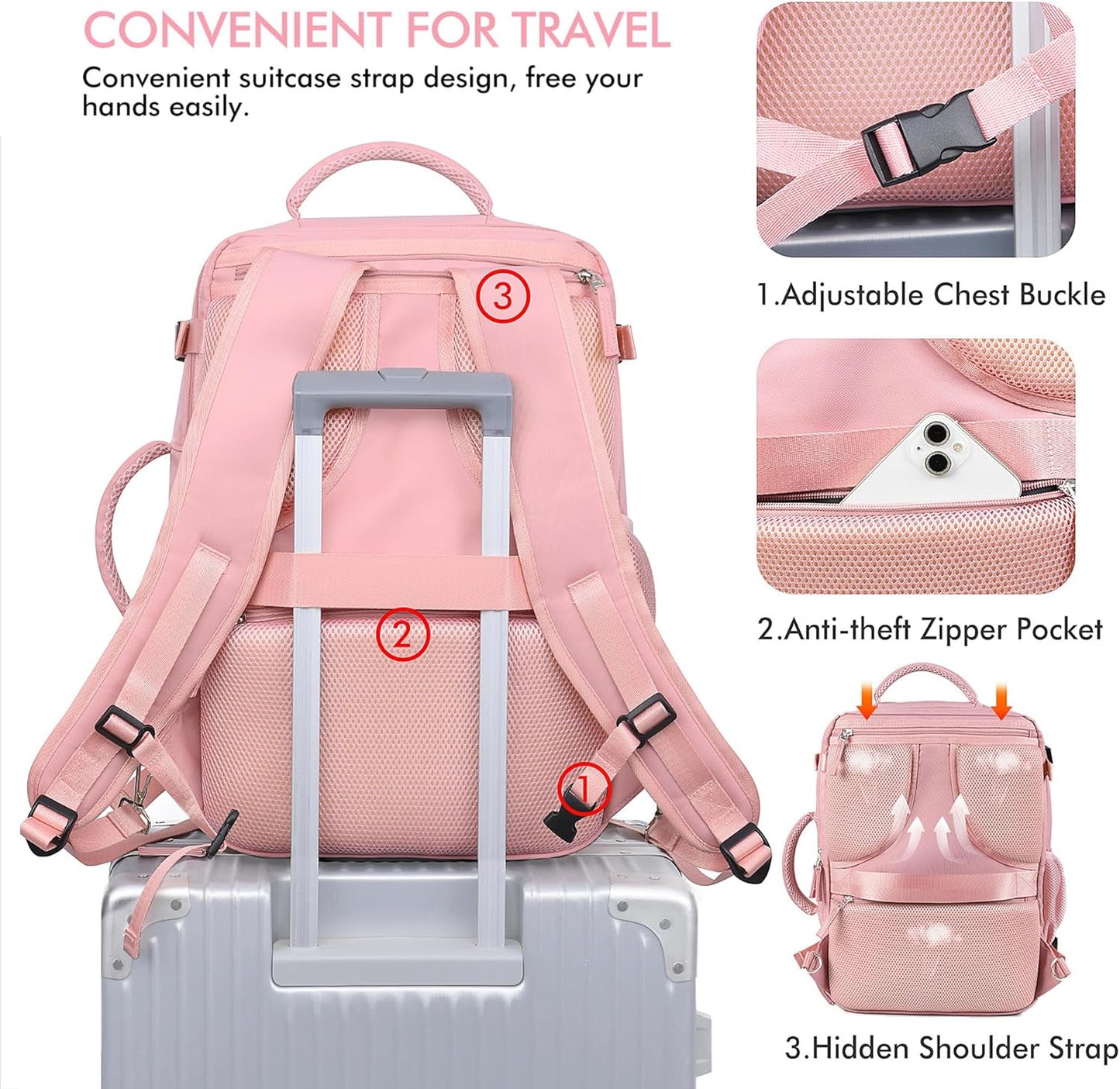 Beraliy Travel Backpack for Women, Airline Approved Bag, Carry On Waterproof Hiking Backpack, 16 inch Laptop Backpack, Overnight Bag, Pink