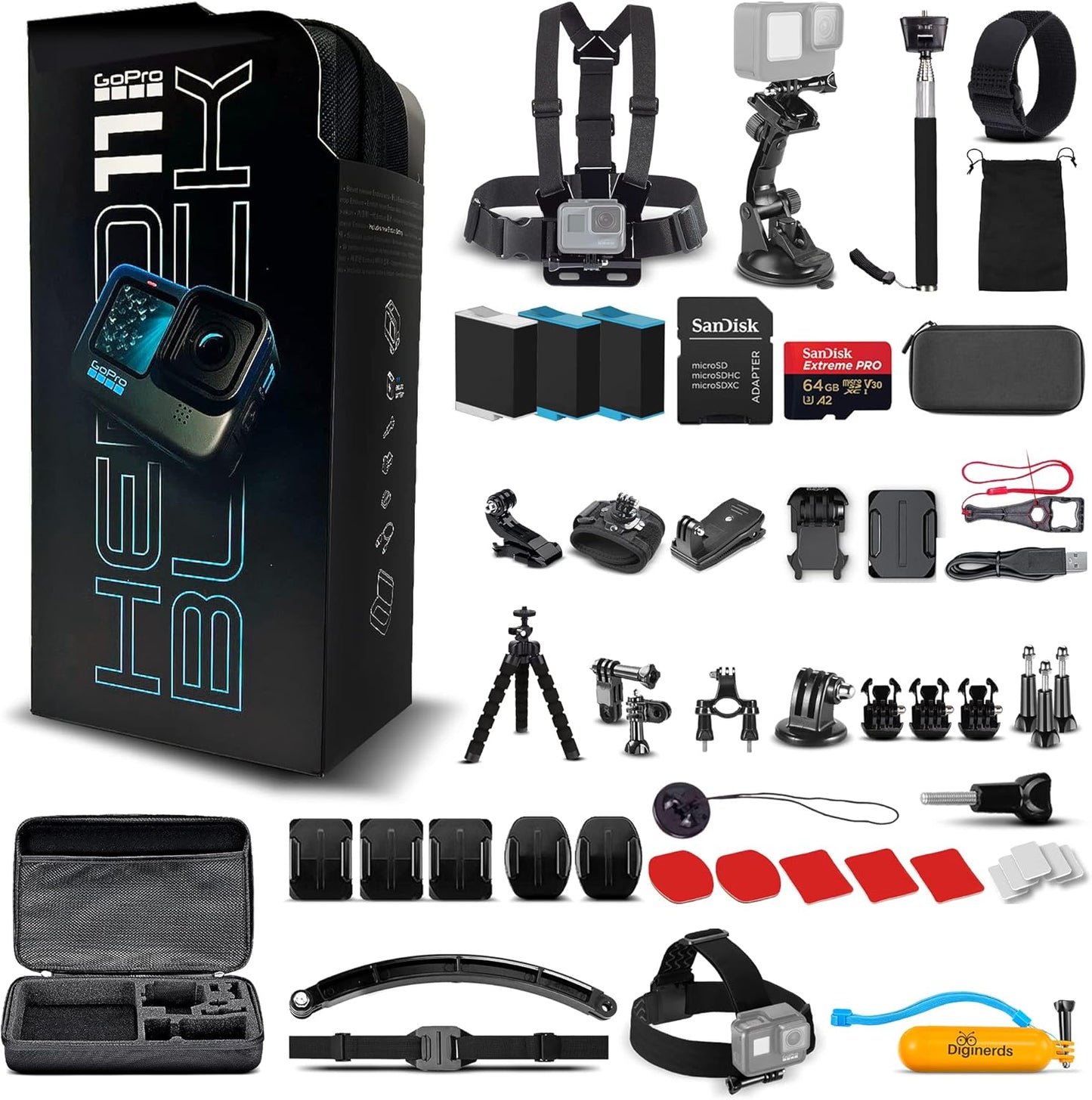 GoPro HERO11 (Hero 11) Black - Waterproof Action Camera with 5.3K Video, 27MP Photos, 1/1.9" Sensor, Live Streaming, Webcam, Stabilization + 64GB Card, 50 Piece Accessory Kit and 2 Extra Batteries