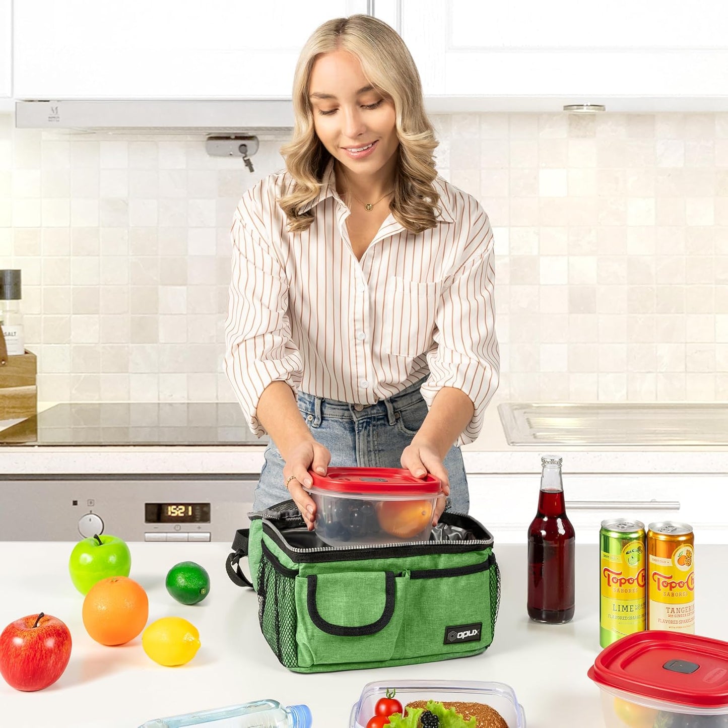 opux Lunch Box for Men, Adult Lunch Box Cooler, Insulated Lunch Bag Women, Dual Compartment Lunchbox for Work, Leakproof Double Decker Lunch Bag, Soft Lunch Pail Tote Boys Girls Kids School, Green