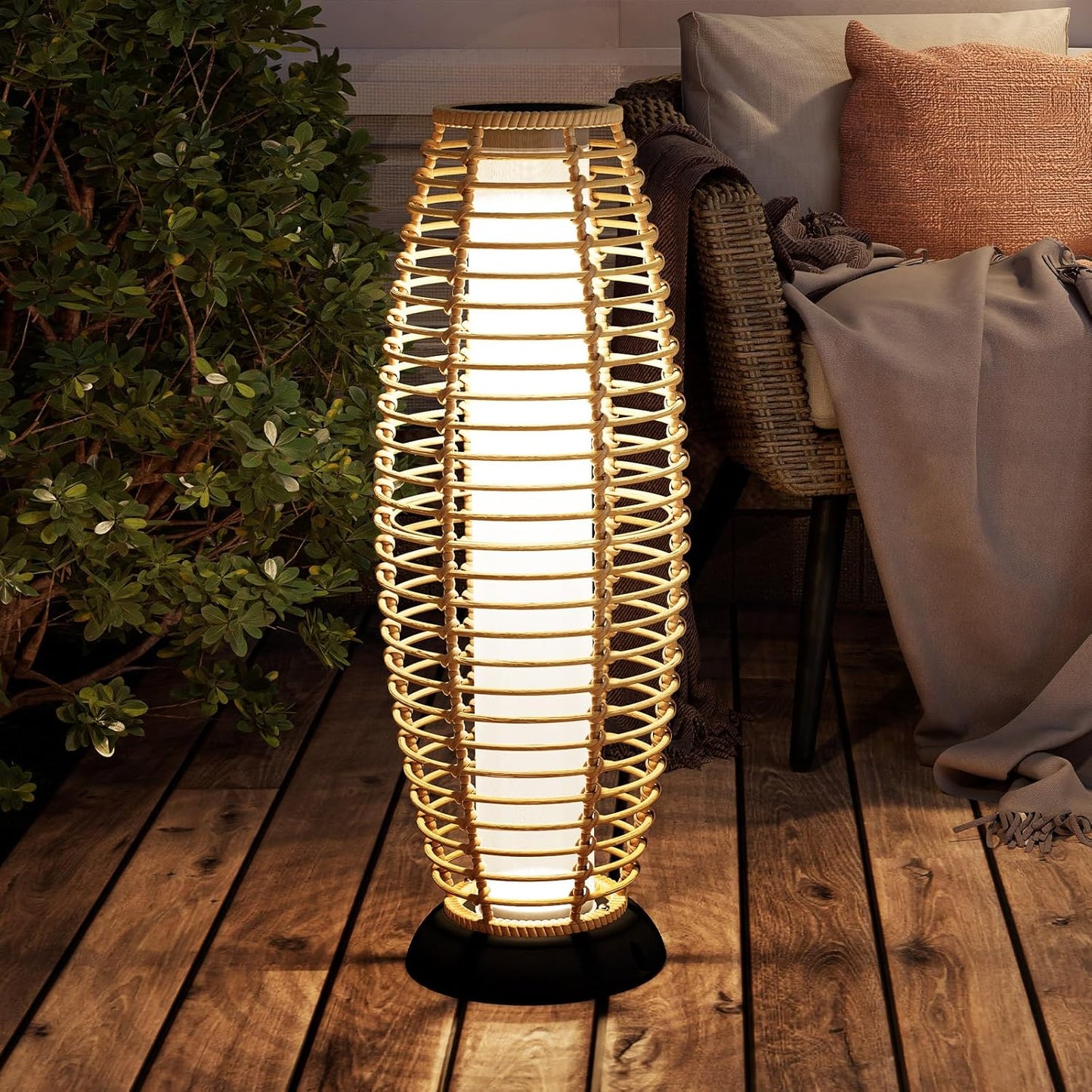 Grand patio Floor Lamp Outdoor Lamp Patio Lights Solar Powered Lantern Weather-Resistant Wicker Deck Lights, Lamp Large-Sized for Garden (Austin Natural Brown)