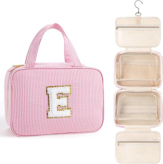 TOPEAST Teen Girl Gifts Trendy Stuff - Birthday Gifts for 7 8 9 10 11 12 13 14 15 16 17 18 Year Old Teen Girls, Hanging Toiletry Bag Initial Makeup Bag - Letter E, Pink