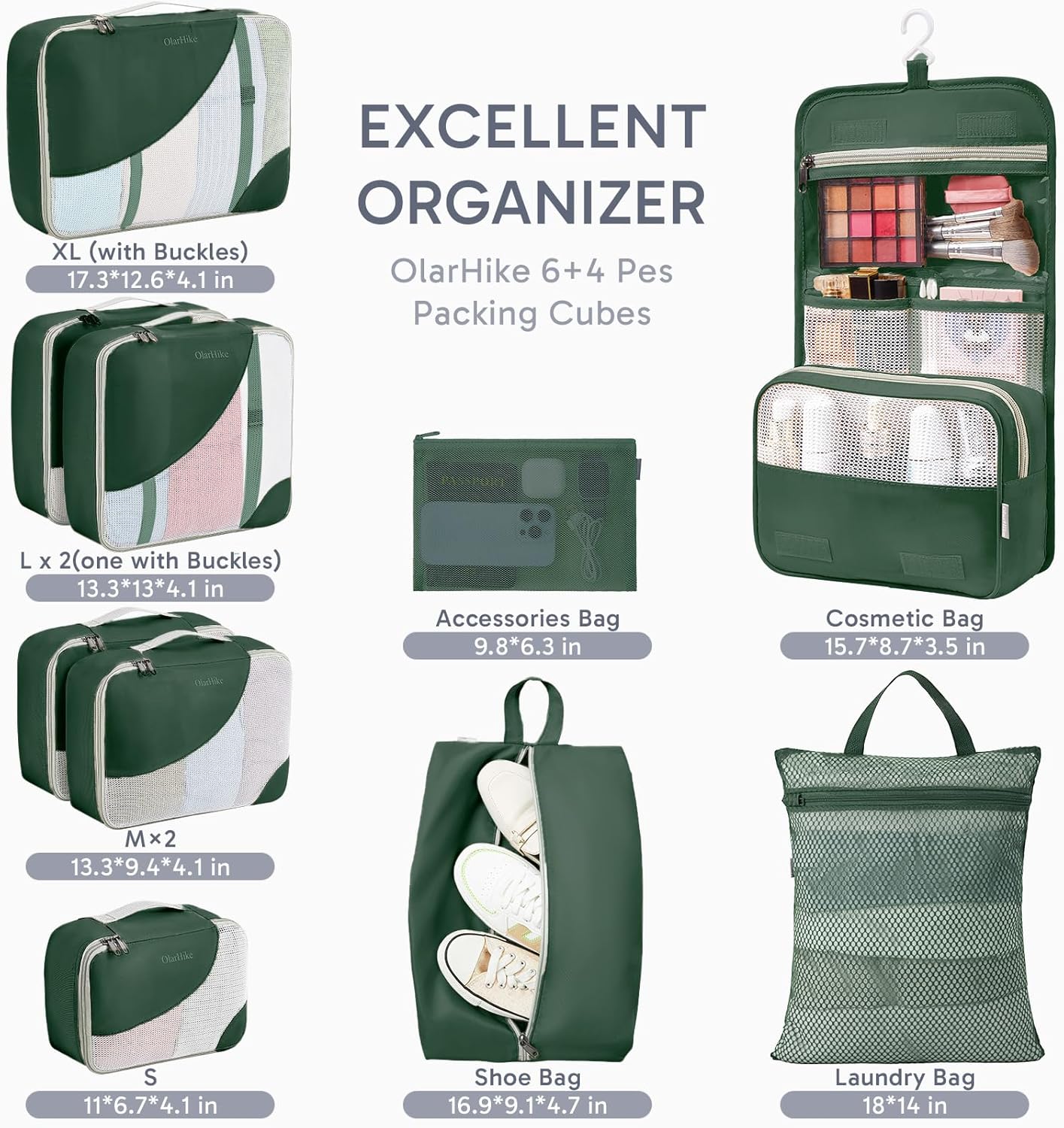 ALL INCLUDED 10 Set Durable Packing Cubes for Suitcases,OlarHike Essentials for Travel,UPGRADED Anti-Tear Stitching, NEW Improved Luggage Packing Organizers for Travel Accessories (Dark Green)