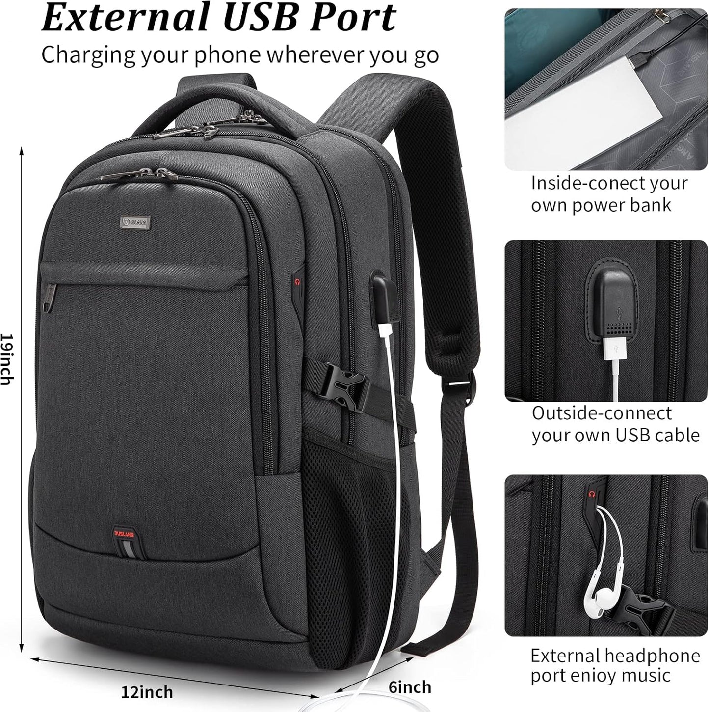 DUSLANG 17 Inch Laptop Backpack for Travel Water Resistant College Backpack for Men/Women Laptop Bag with USB Charging Port and Flower Keychain for backpack, Black