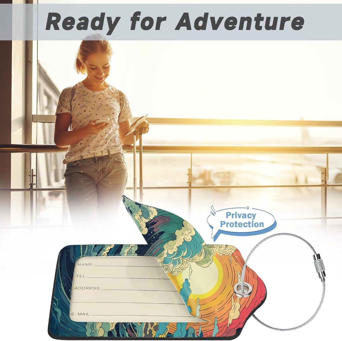 2 Pack Luggage Tag for Suitcase, Waves Sunrise Leather Bag Tags Identifiers Privacy Cover ID Label with Durable Steel Loop for Women Men Kids Girls Travel