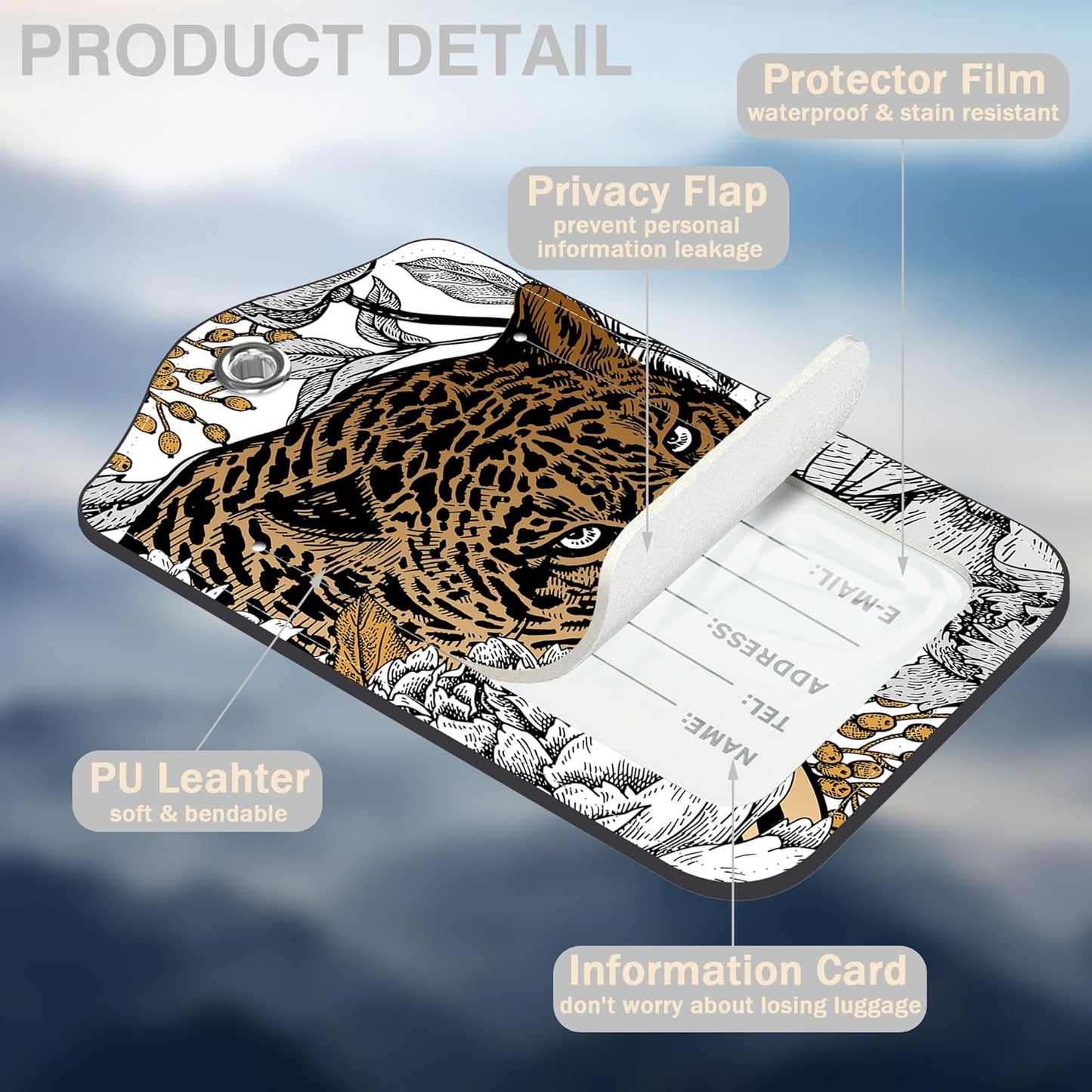 Leopard and Peony Flower Set of 2 Luggage Tags for Suitcases Leather Suitcase Tags Identifiers with Privacy Name Address Label and Stainless Steel Loop for Women Men Travel Luggage Accessories