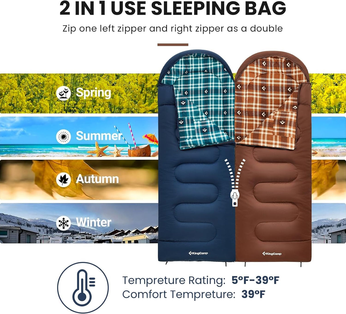 KingCamp Sleeping Bag for Adults, Cold Weather & Warm XL Big and Tall Flannel Sleeping Bags with Compression Sack Portable Waterproof Essentials Gear Accessories for Outdoor Camping
