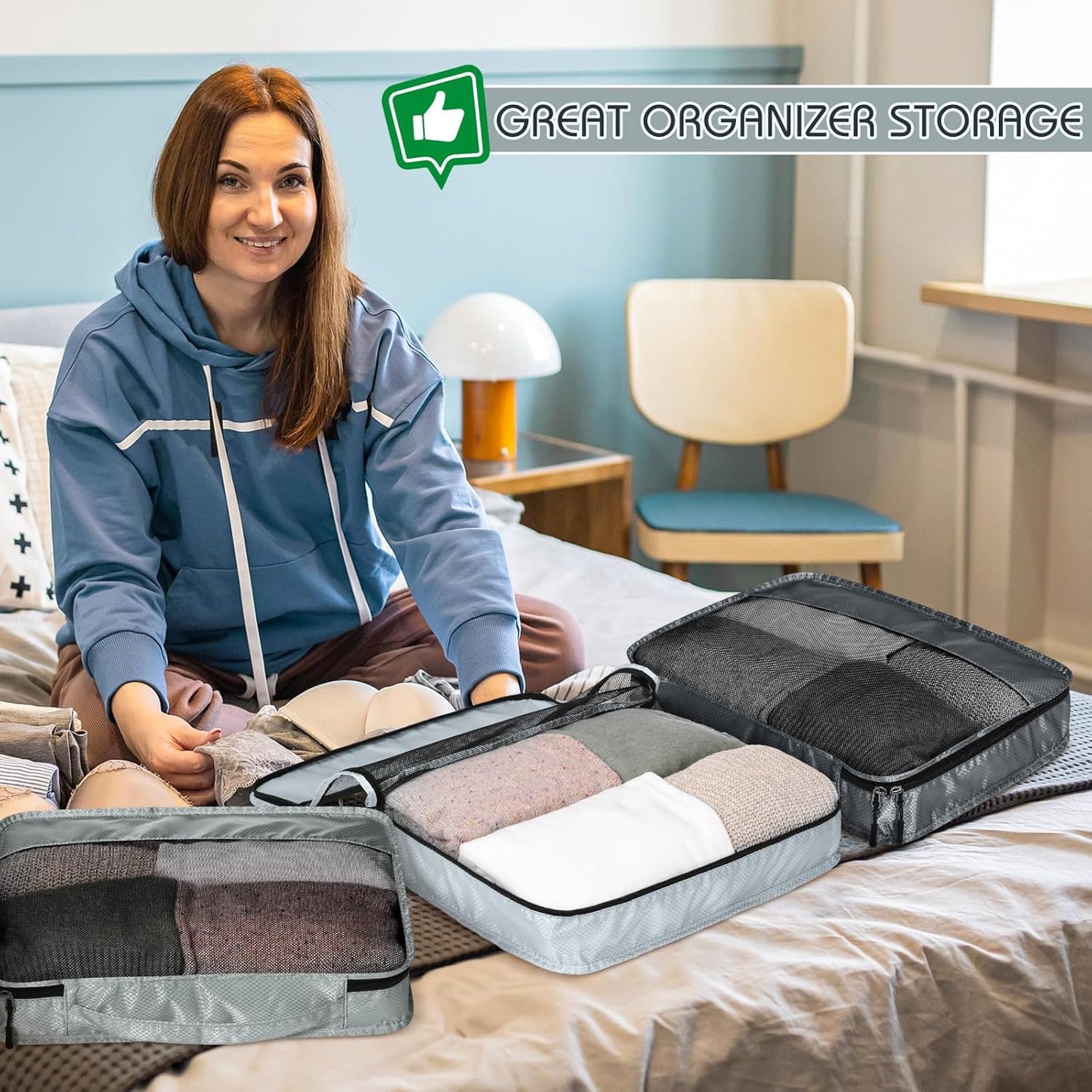 5 Pcs Packing Cubes for Suitcase Large Travel Cubes Carry on Luggage Organizer Bags for Clothes Accessories(L,Gray)