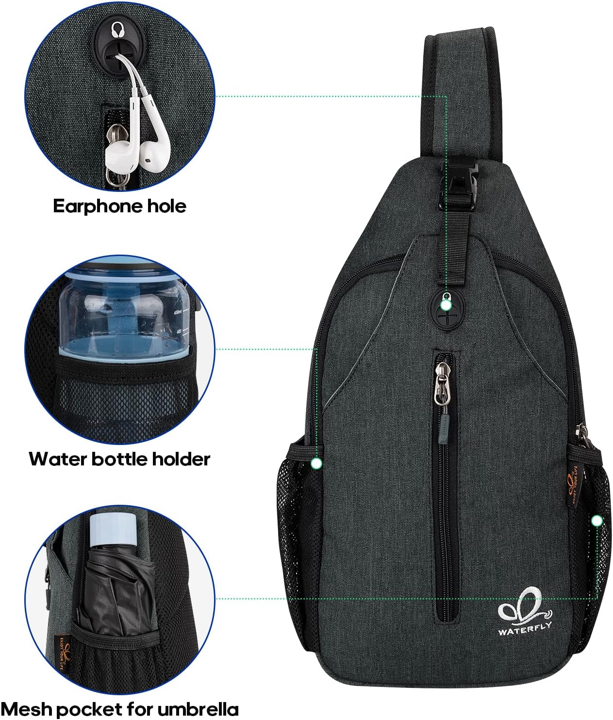 WATERFLY Crossbody Sling Backpack Sling Bag Travel Hiking Chest Bag Daypack