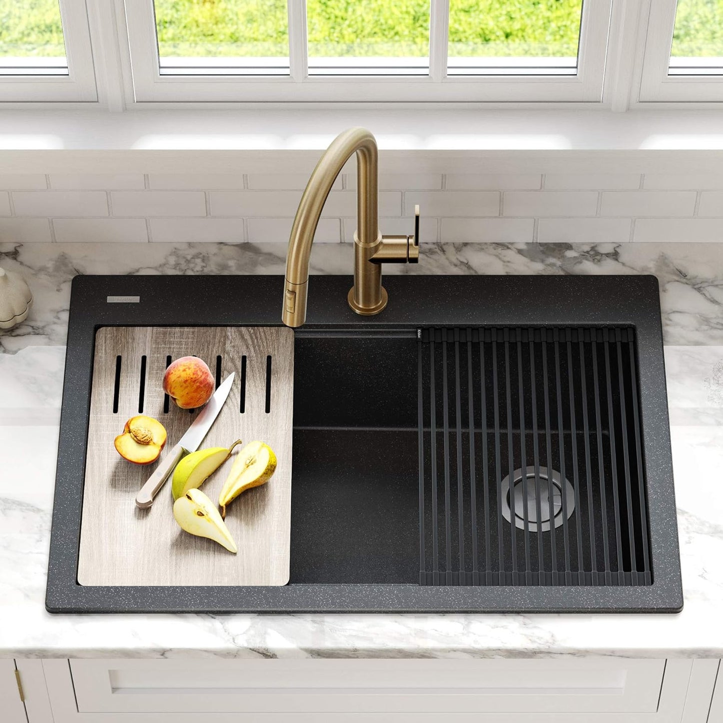 KRAUS Bellucci Workstation 33" Single Bowl Granite Kitchen Sink in Metallic Black w/Accessories, KGTW2-33MBL, Includes Dish Drainer/Dish Drying Rack