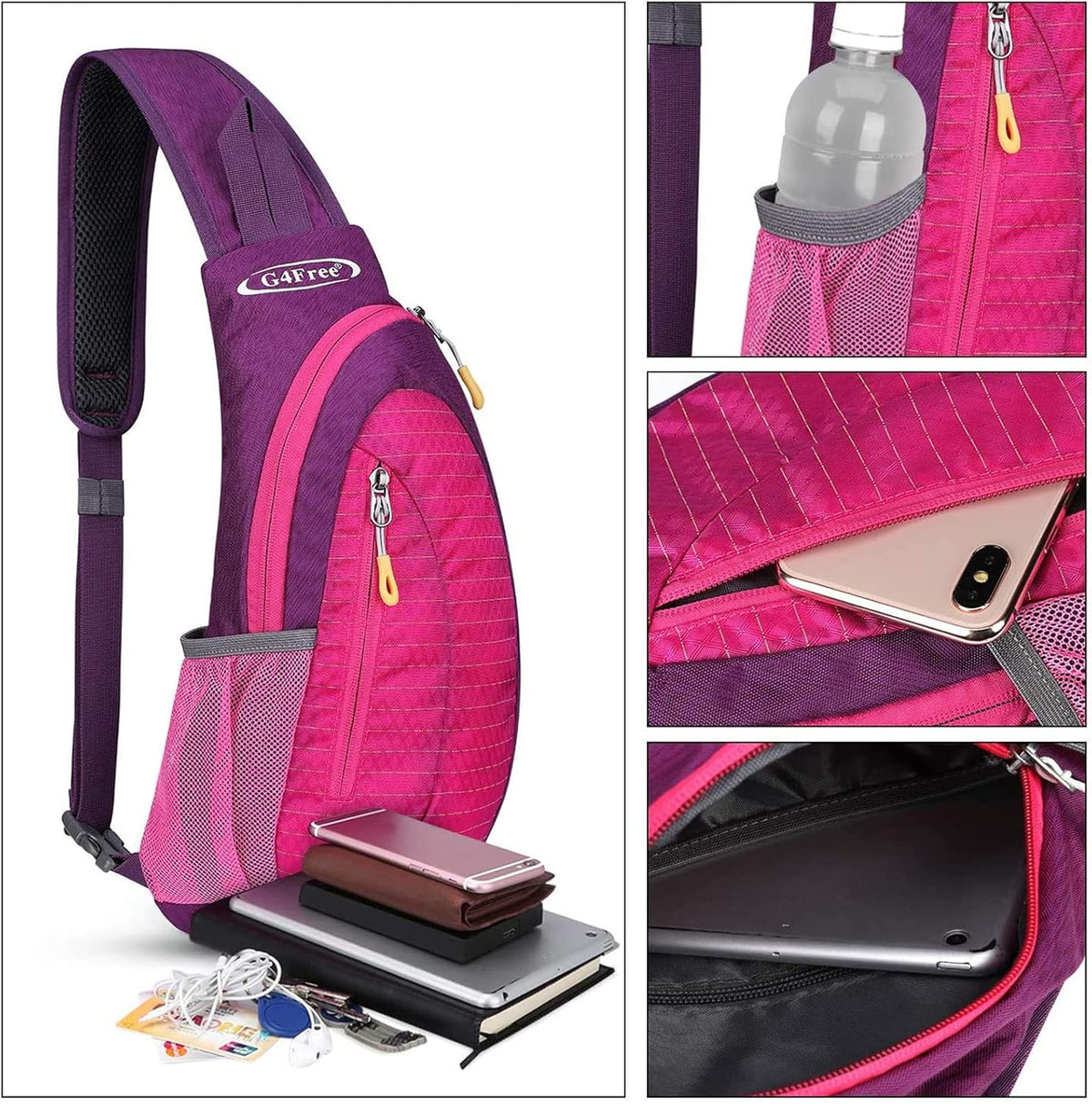 G4Free Sling Bag for Men Women, Small Crossbody Backpack Lightweight Chest Shoulder Bags for Travel, Outdoor and Sports (Rose)
