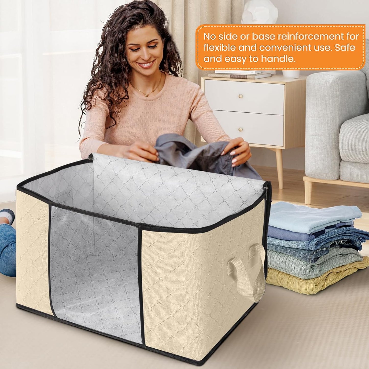 Fab totes 24 Gallons Clothes Storage, Foldable Thick Fabric Blanket Storage Bags, Containers for Organizing Bedroom, Closet, Clothing, Comforter, Organization with Handle (8 Pack,Beige)