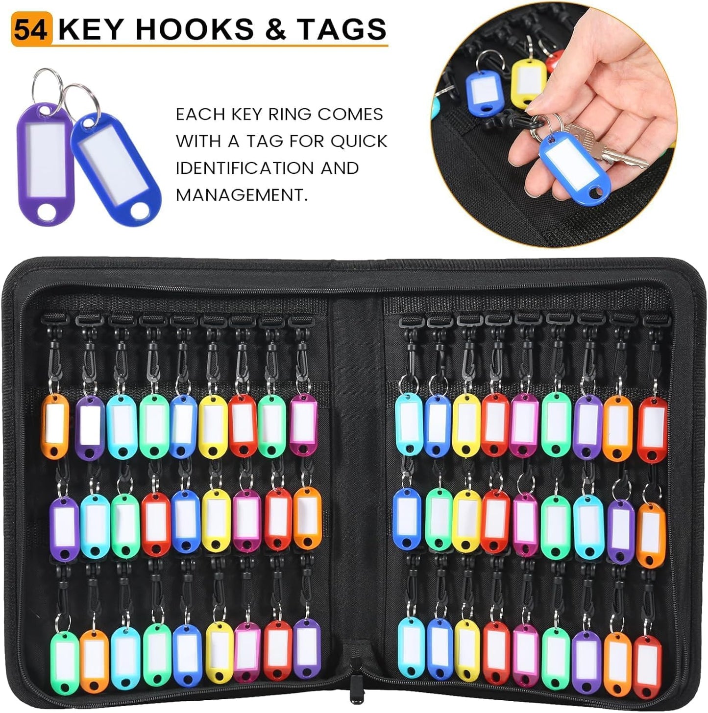 Portable Zippered Key Organizer, Waterproof Fireproof Key Case with 54 Key Hooks and Tags,Portable Key Storage for Rental Management Real Estate Sales Hotel Executives and Car Service(54 Keys)