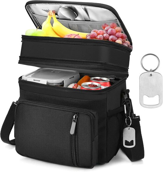 LOKASS Insulated Lunch Box Women & Men Large Adult LunchBag Double-Layer Reusable Lunch Bags Leak-Proof Tote Cooler Bag for Work Picnic Outdoors 16L, Black
