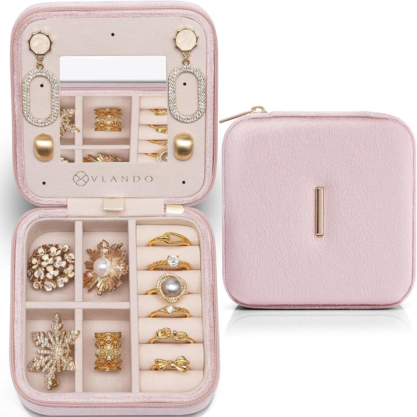 Vlando Valentines Day Gifts for Her - Jewelry Organizer, Necklace, Earrings, Ring Organizer - Travel Essentials - Pink