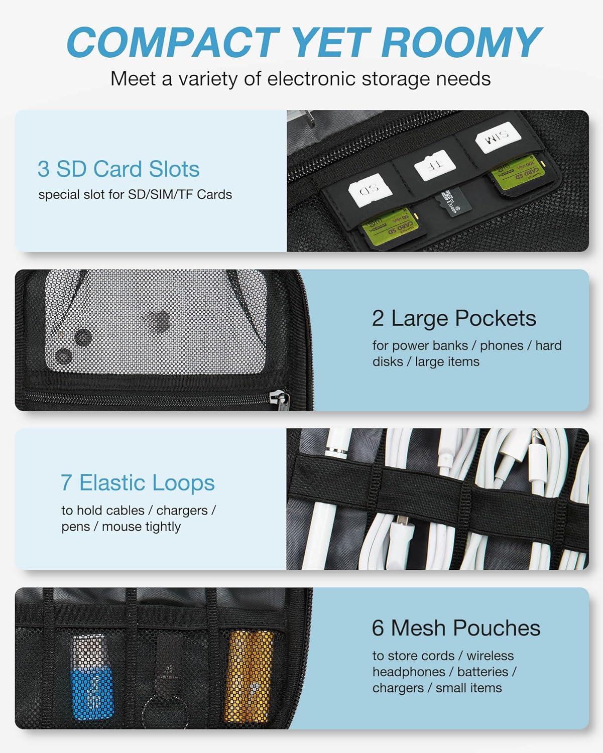 BAGSMART Electronics Travel Organizer Case, Compact Cable Organizer Bag for Phone Accessories, Power Bank, SD Card Storage, Grey