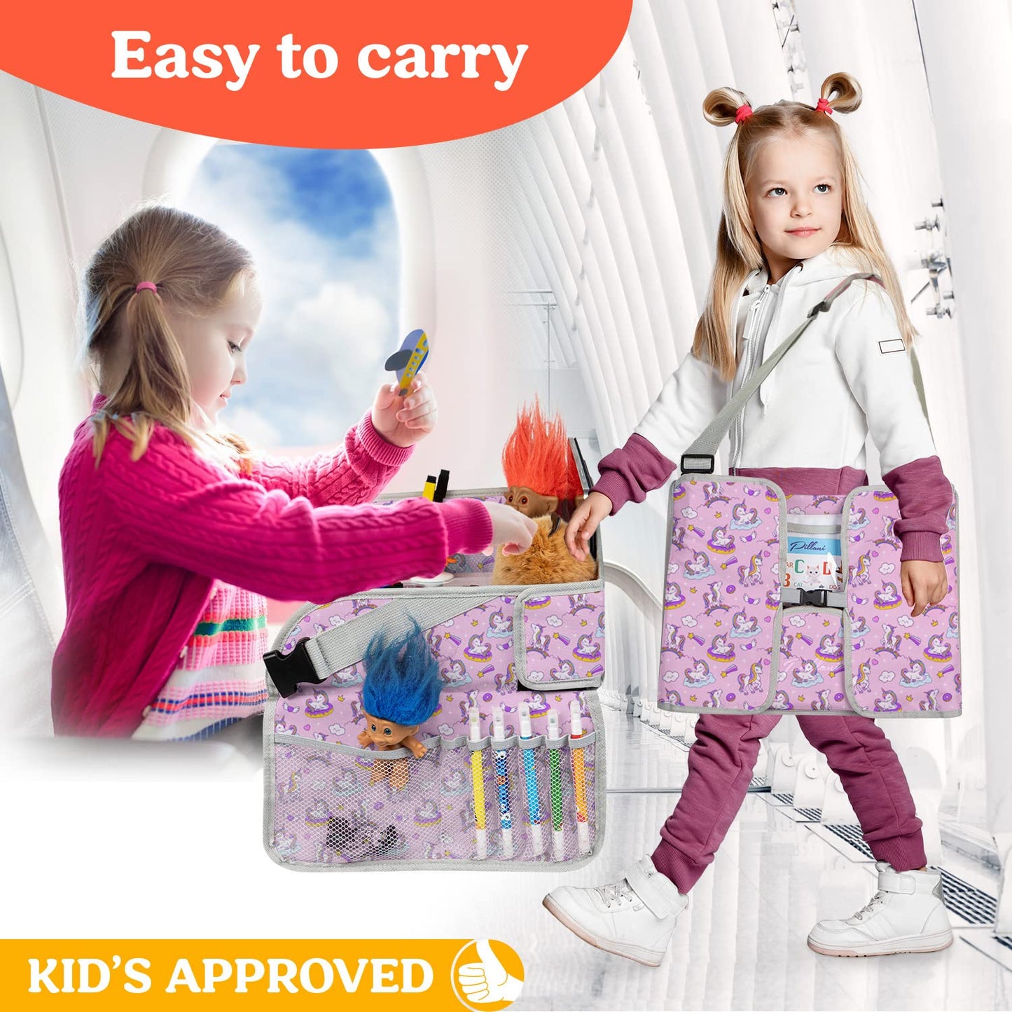 PILLANI Kids Travel Tray for Car - Car Seat Tray for Kids Travel, Road Trip Essentials Must Haves - Carseat Table Roadtrip Activities - Toddler Lap Desk Organizer for Airplane - Kids Travel Essentials