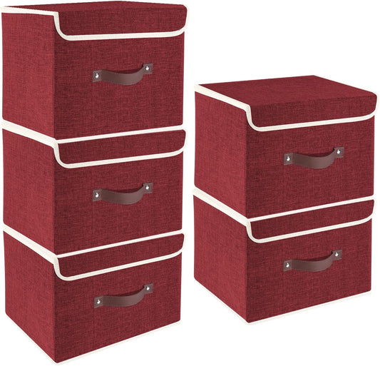 TYEERS Foldable Storage Boxes with Lids 5 Pack Fabric Storage Bins with Lids, Closet Organizers for Clothes Storage, Room Organization, Office Storage, Toys - Red Wine